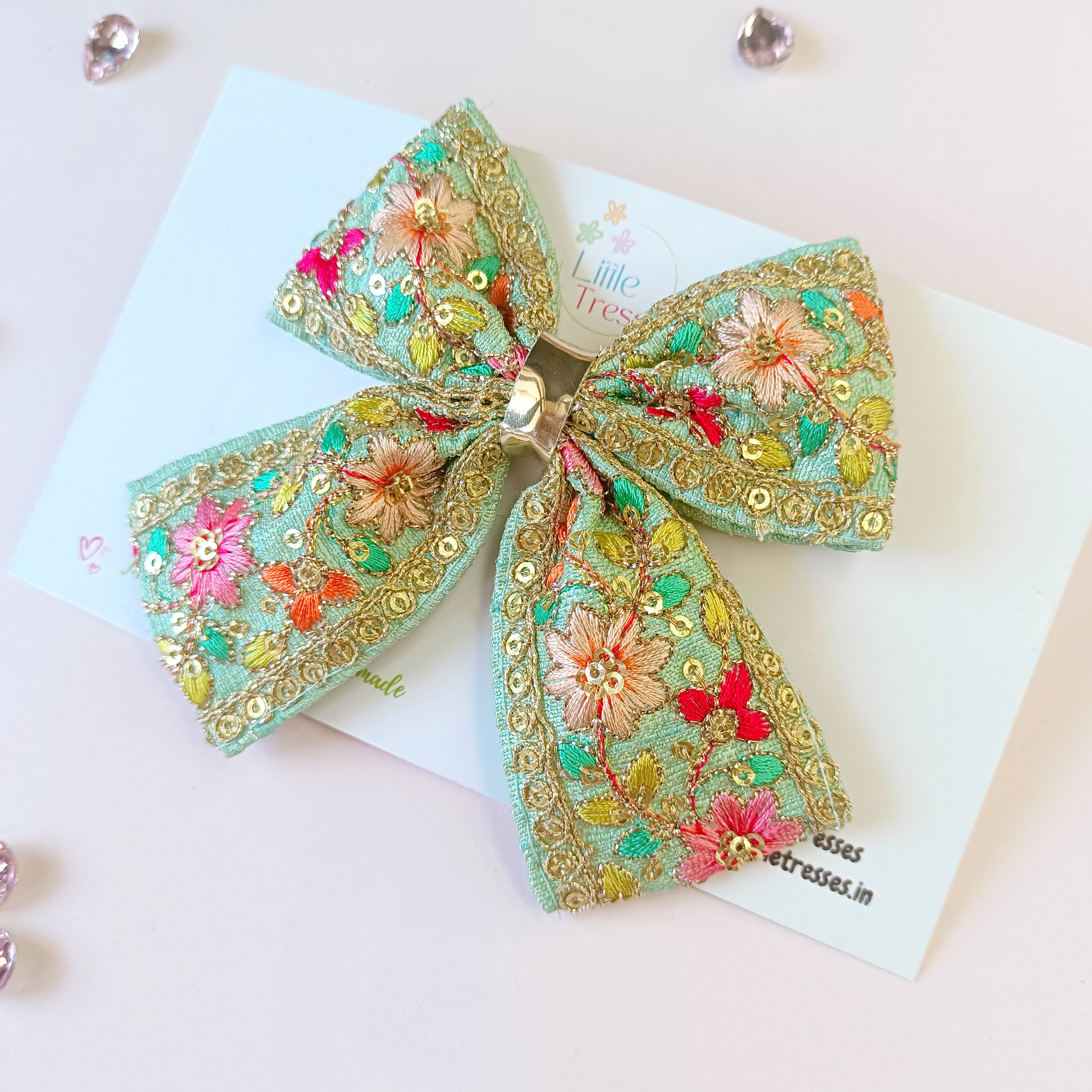 Embroidery Piggy Tail Bow Alligator Clip - 3 Colors