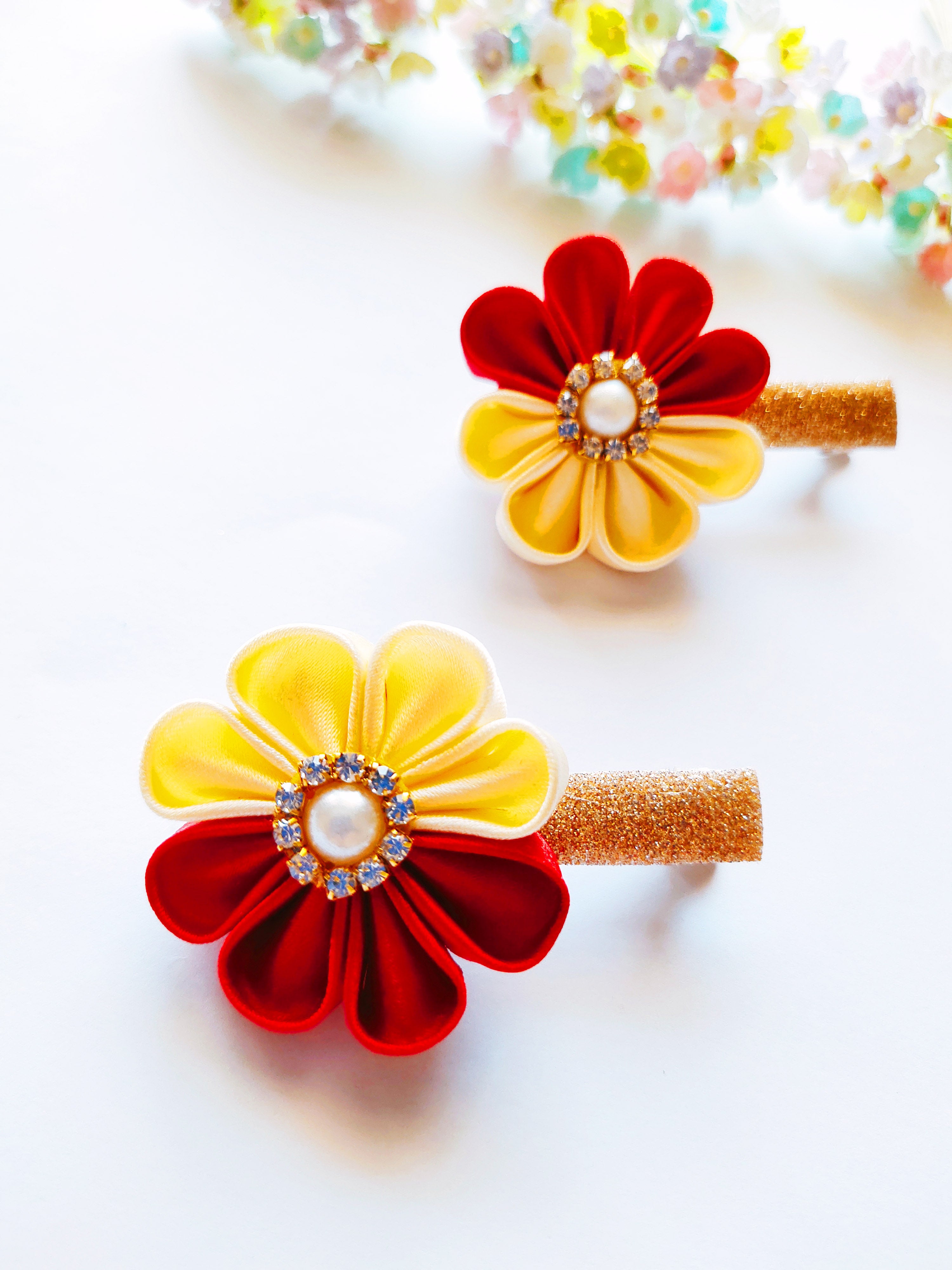 4 Colors Kanzashi Flowers Alligator Clip Pair