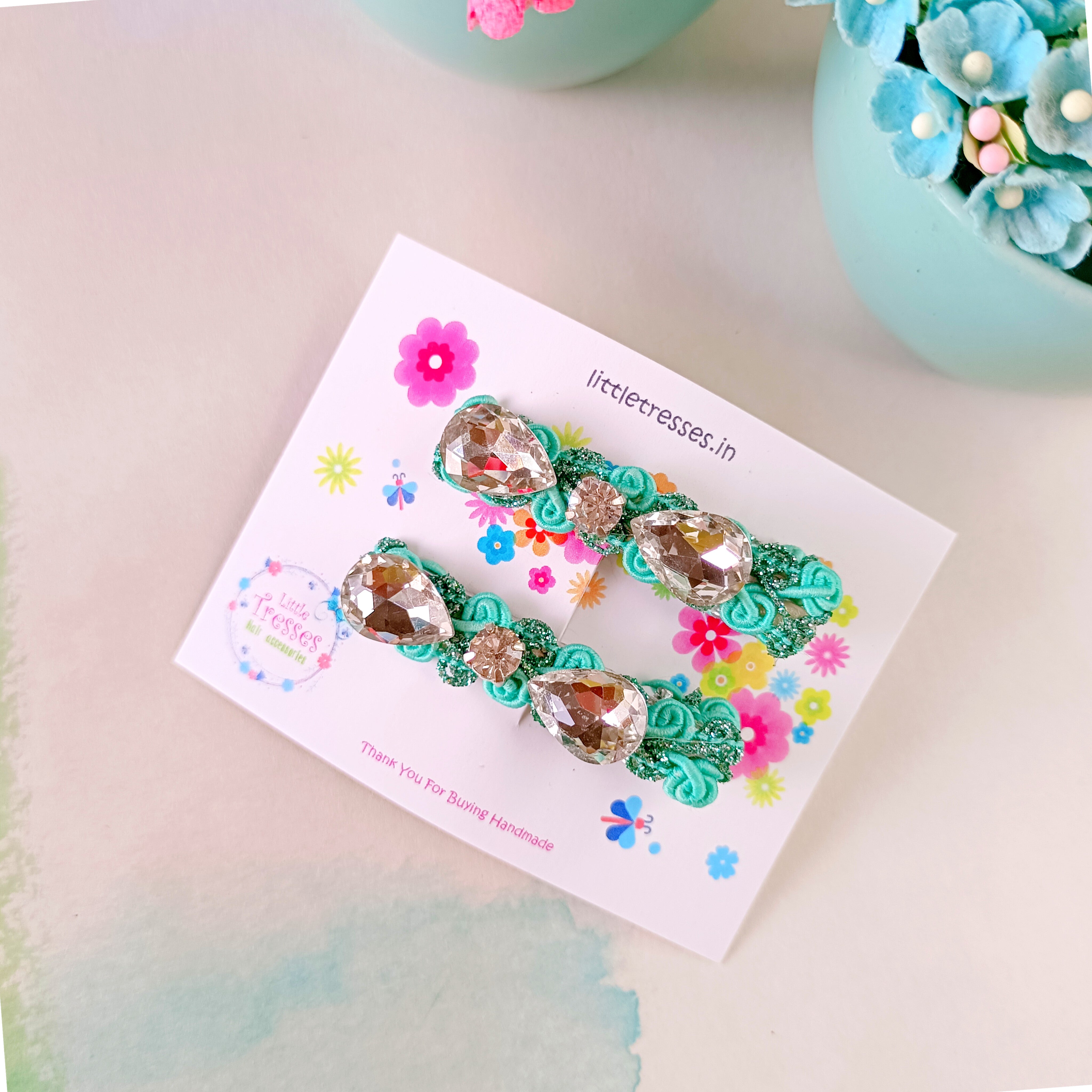 Blingy Clips with Rhinestones - Light Green