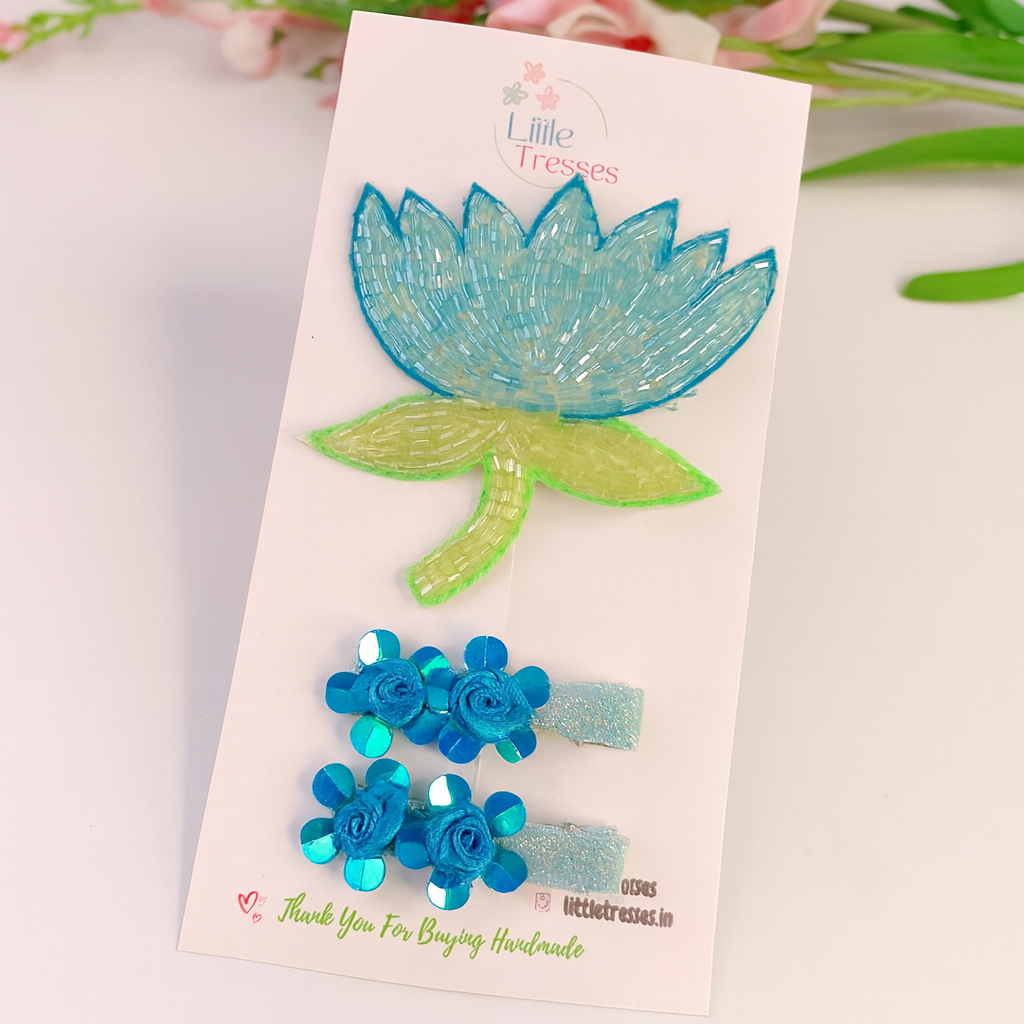 Beaded Blue Lotus & Flower Pair Combo Alligator Clip