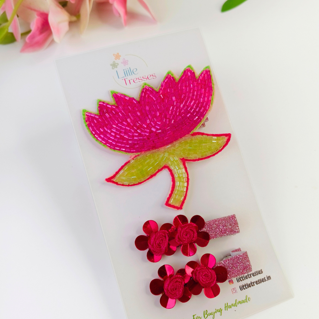 Beaded Dark Pink Lotus & Flower Pair Combo Alligator Clip