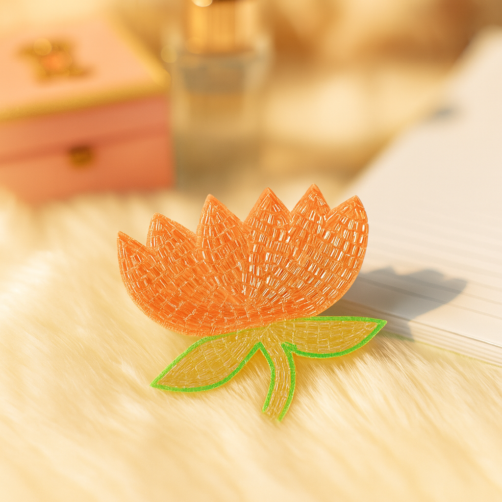 Beaded Peach Lotus & Flower Pair Combo Alligator Clip