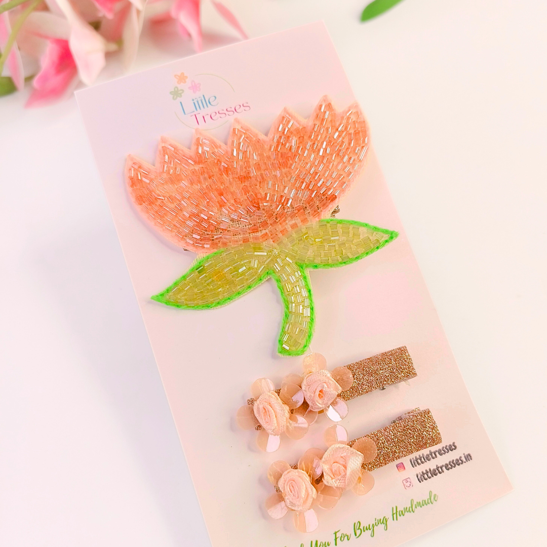 Beaded Peach Lotus & Flower Pair Combo Alligator Clip