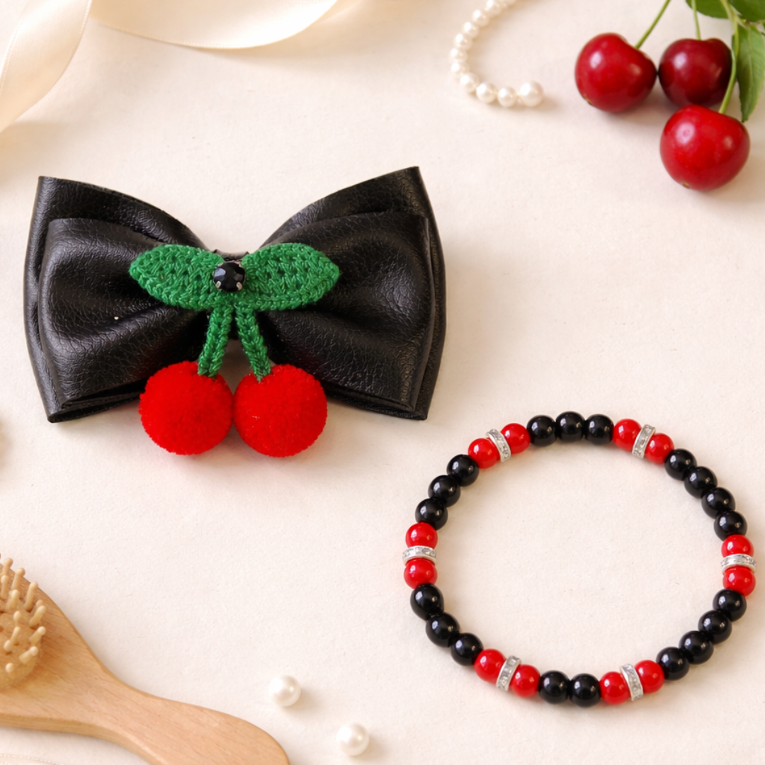 Double layer Cherry Bow Alligator Clip & Bracelet Combo - Black