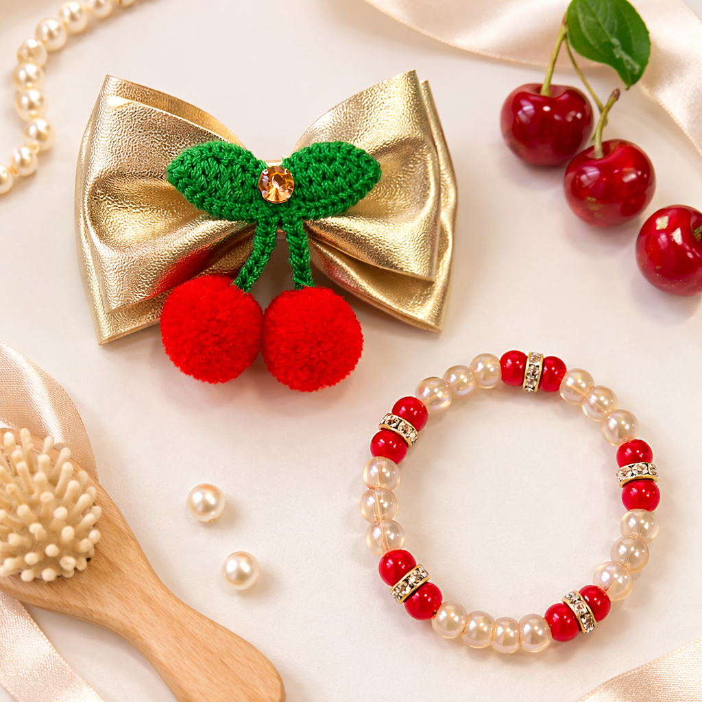 Double layer Cherry Bow Alligator Clip & Bracelet Combo - Golden