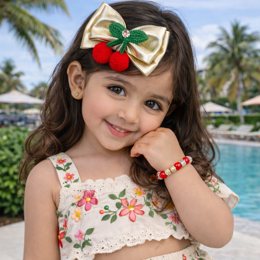 Double layer Cherry Bow Alligator Clip & Bracelet Combo - Golden