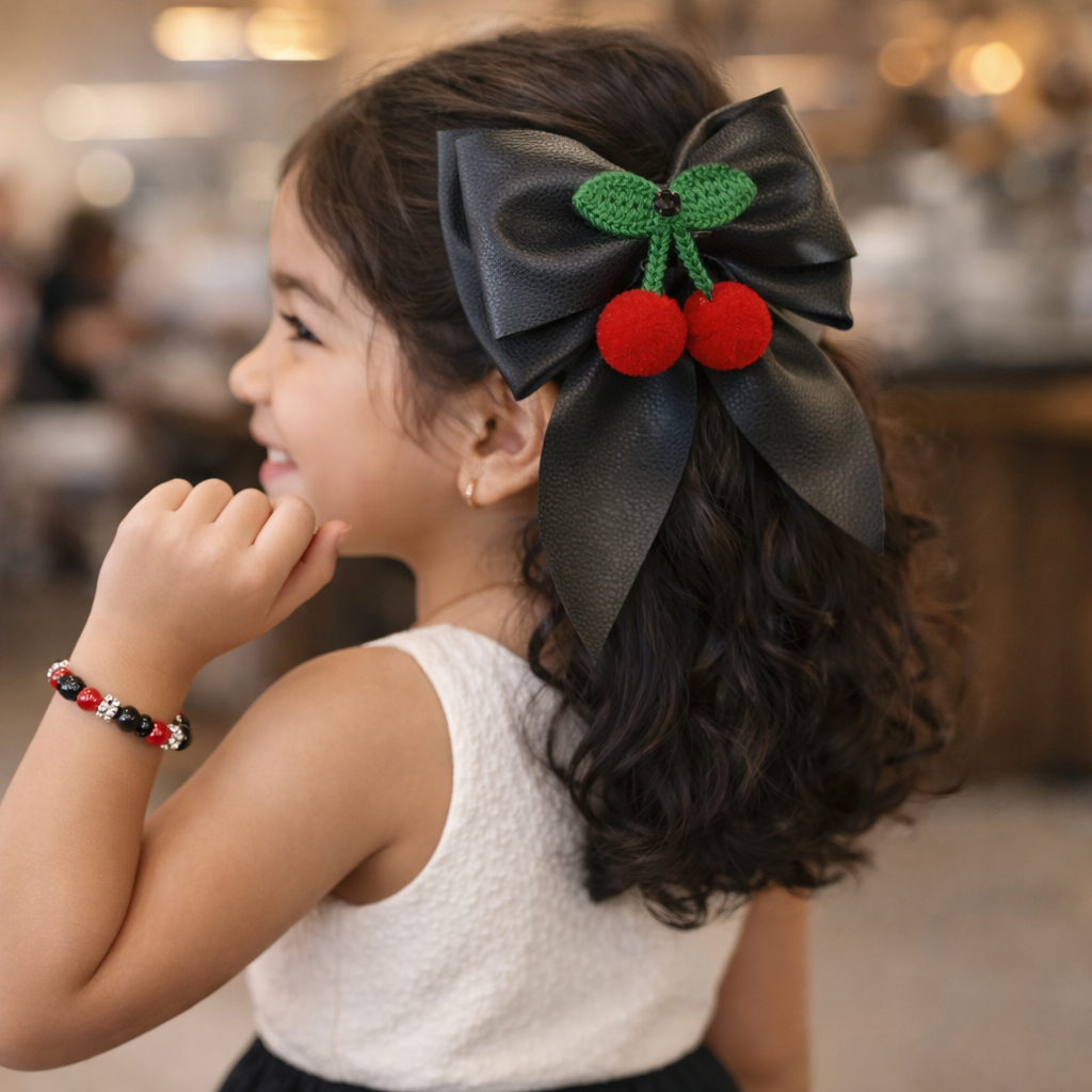 Cherry Crochet Piggy tail Bow Clips and Bracelet Combo - Black