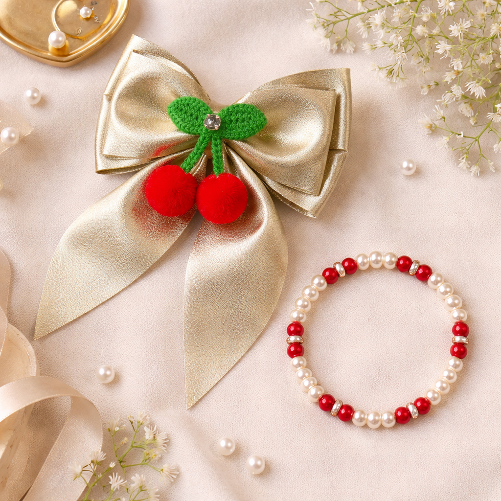 Cherry Crochet Piggy tail Bow Clips and Bracelet Combo - Golden
