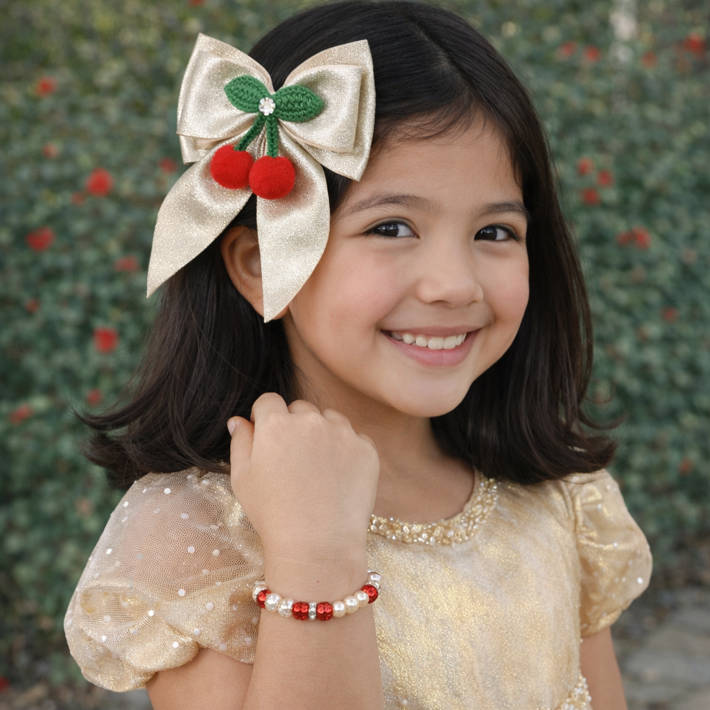 Cherry Crochet Piggy tail Bow Clips and Bracelet Combo - Golden