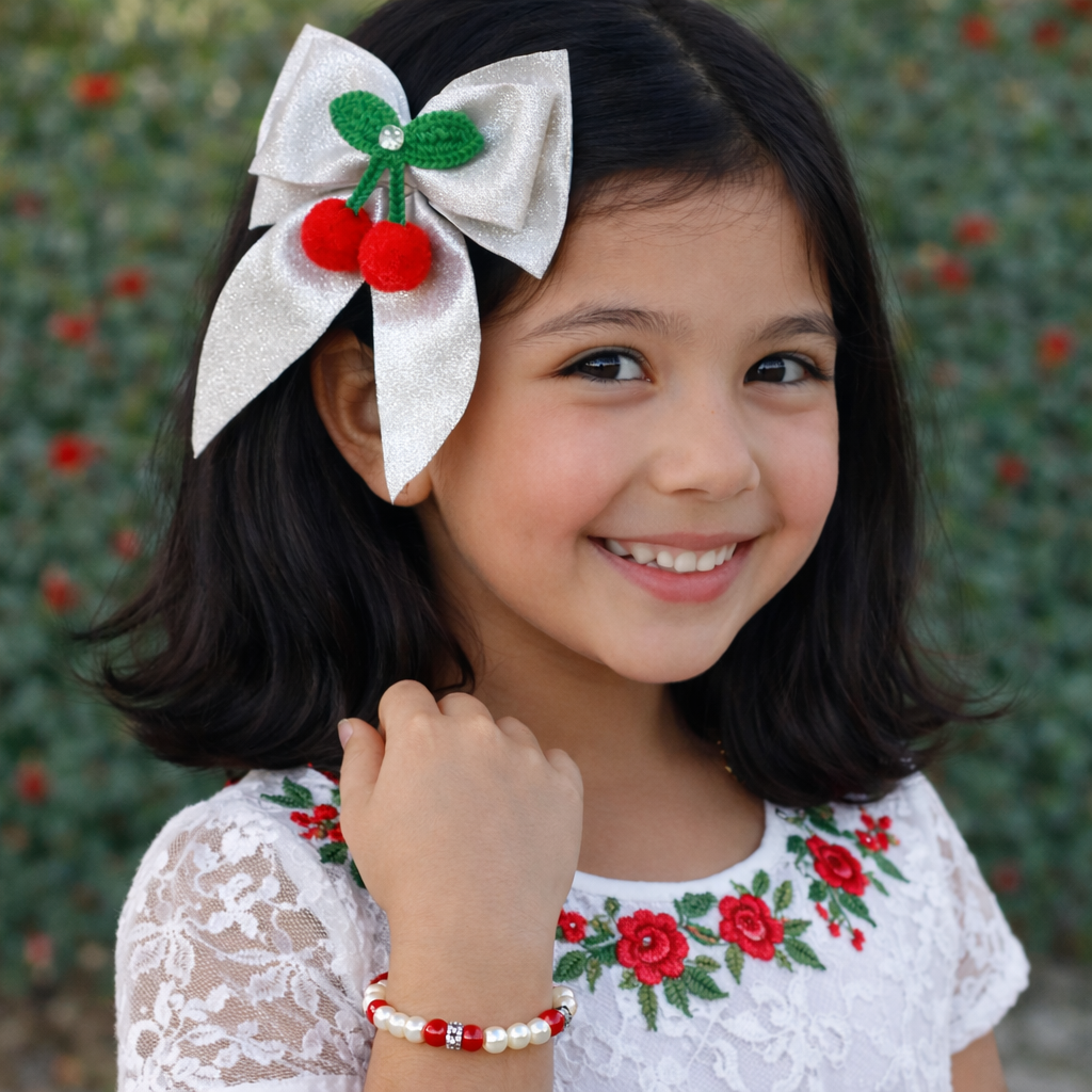 Cherry Crochet Piggy tail Bow Clips and Bracelet Combo - Silver