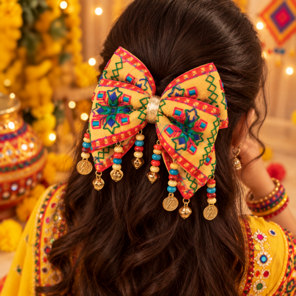 Rangeela Navratri Beaded Bow with Ghunghroo & Sikka Alligator Clip – Yellow