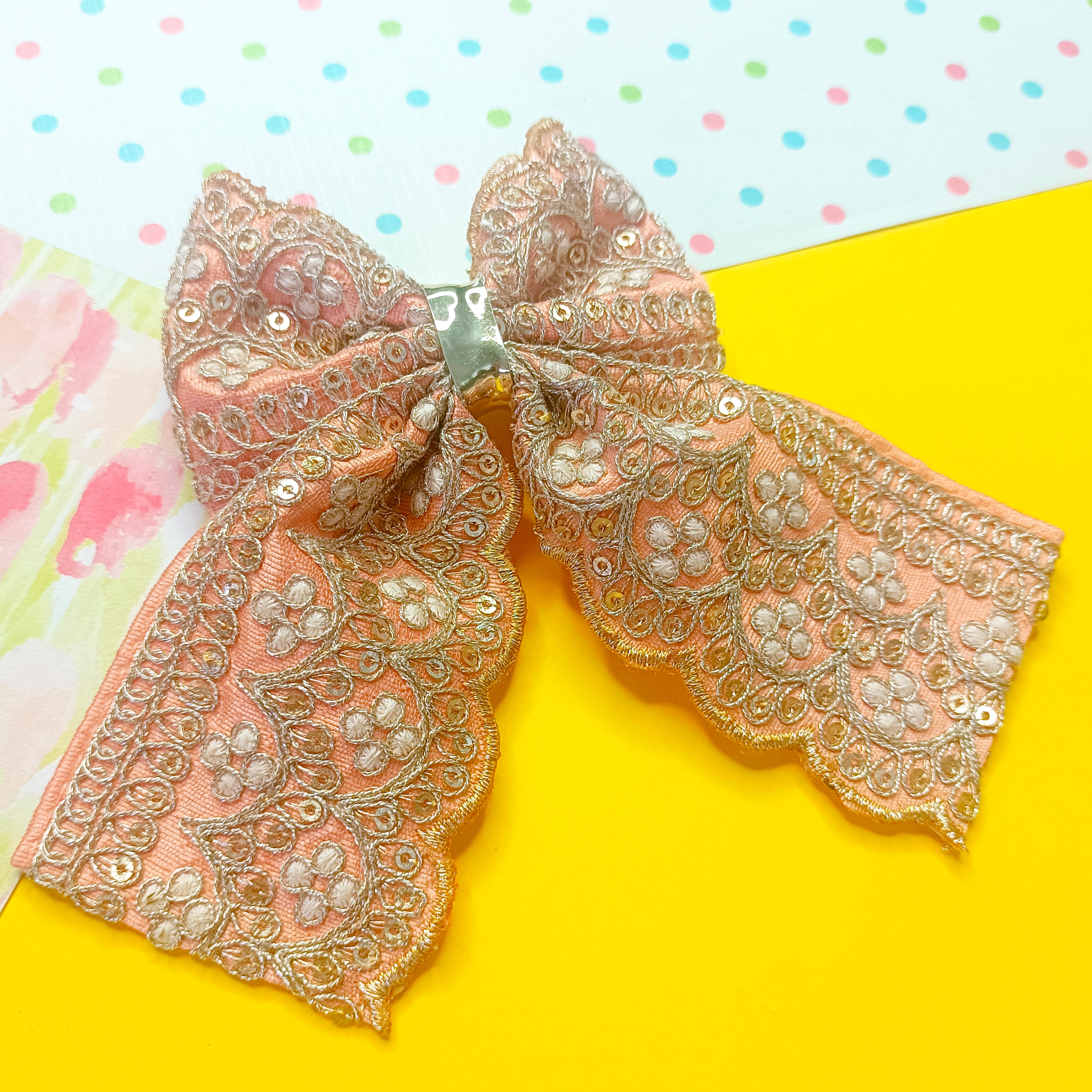 Festive Piggy Tail Bow with Pearls Alligator Clip - Peach