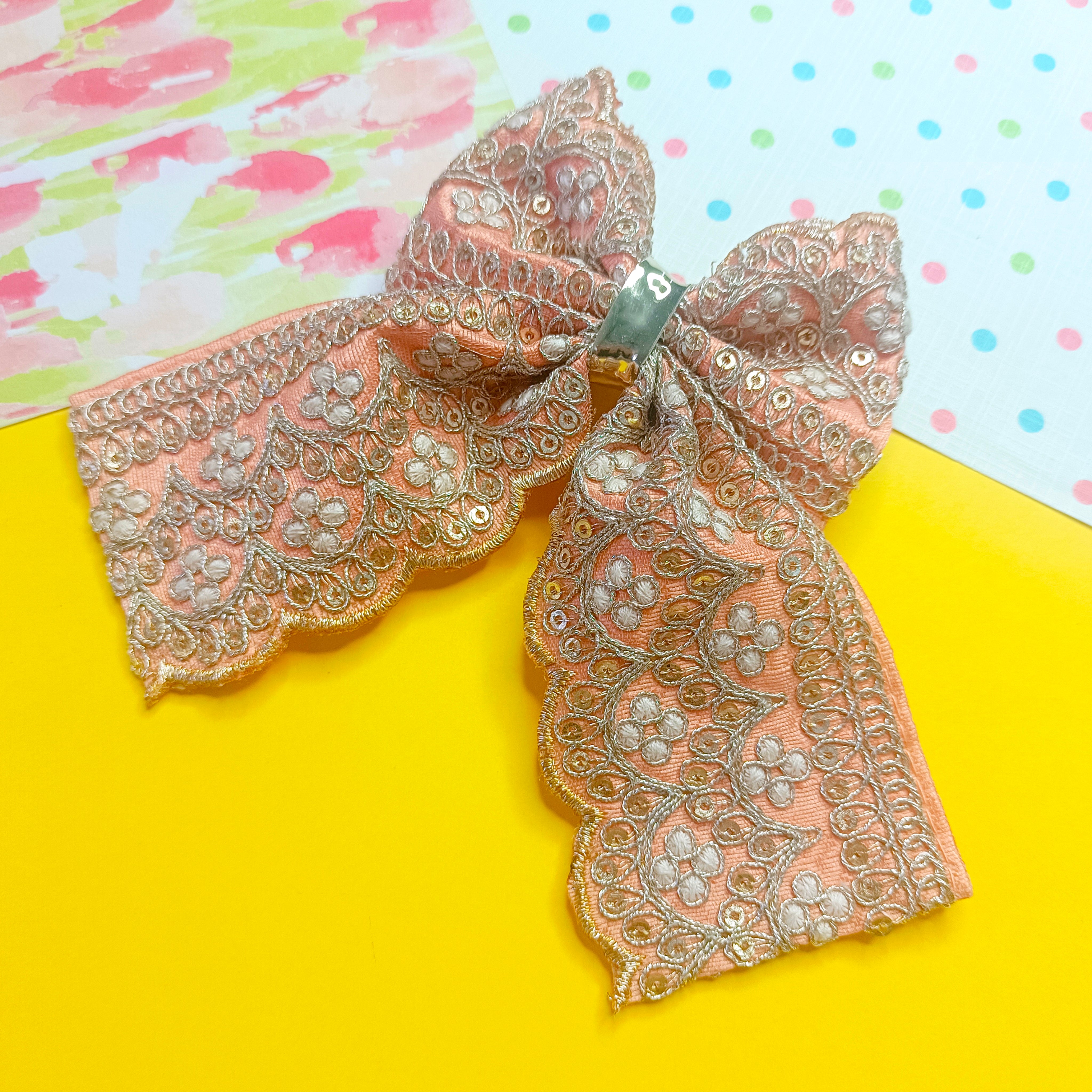 Festive Piggy Tail Bow with Pearls Alligator Clip - Peach