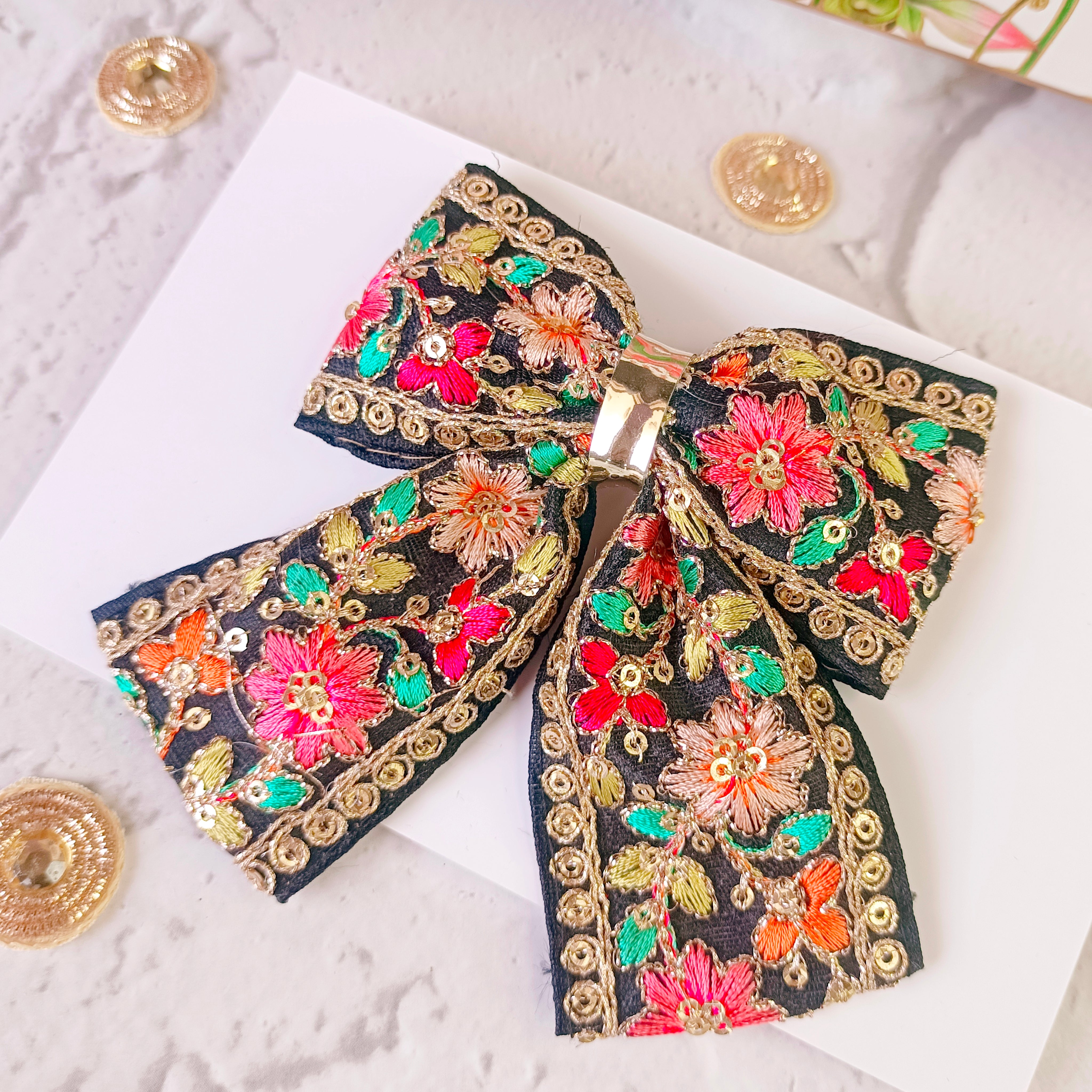 Piggy Tail Intricate Embroidery Bow Alligator Clip - Black