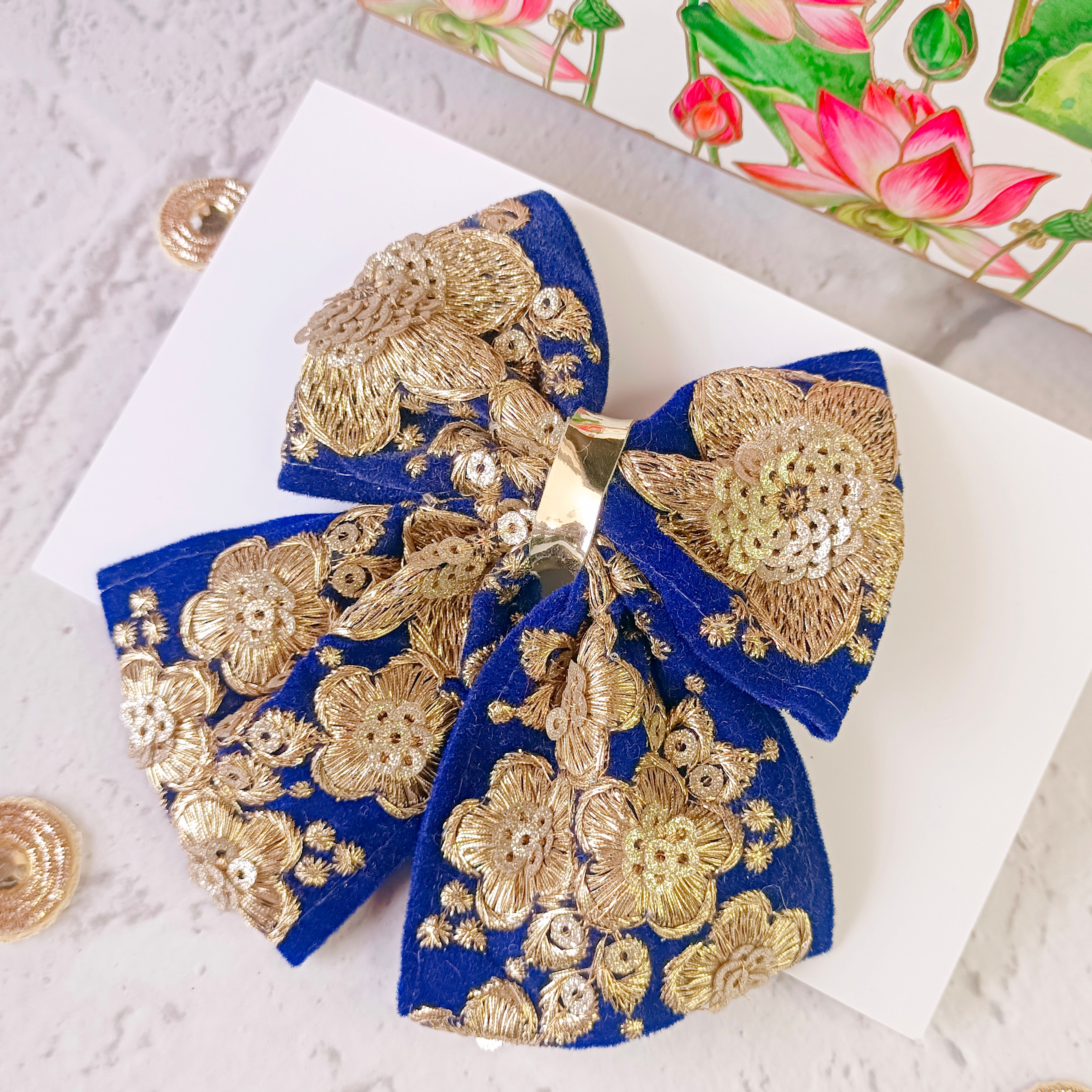 Piggy Tail Embroidery Bow Alligator Clip - Navy Blue