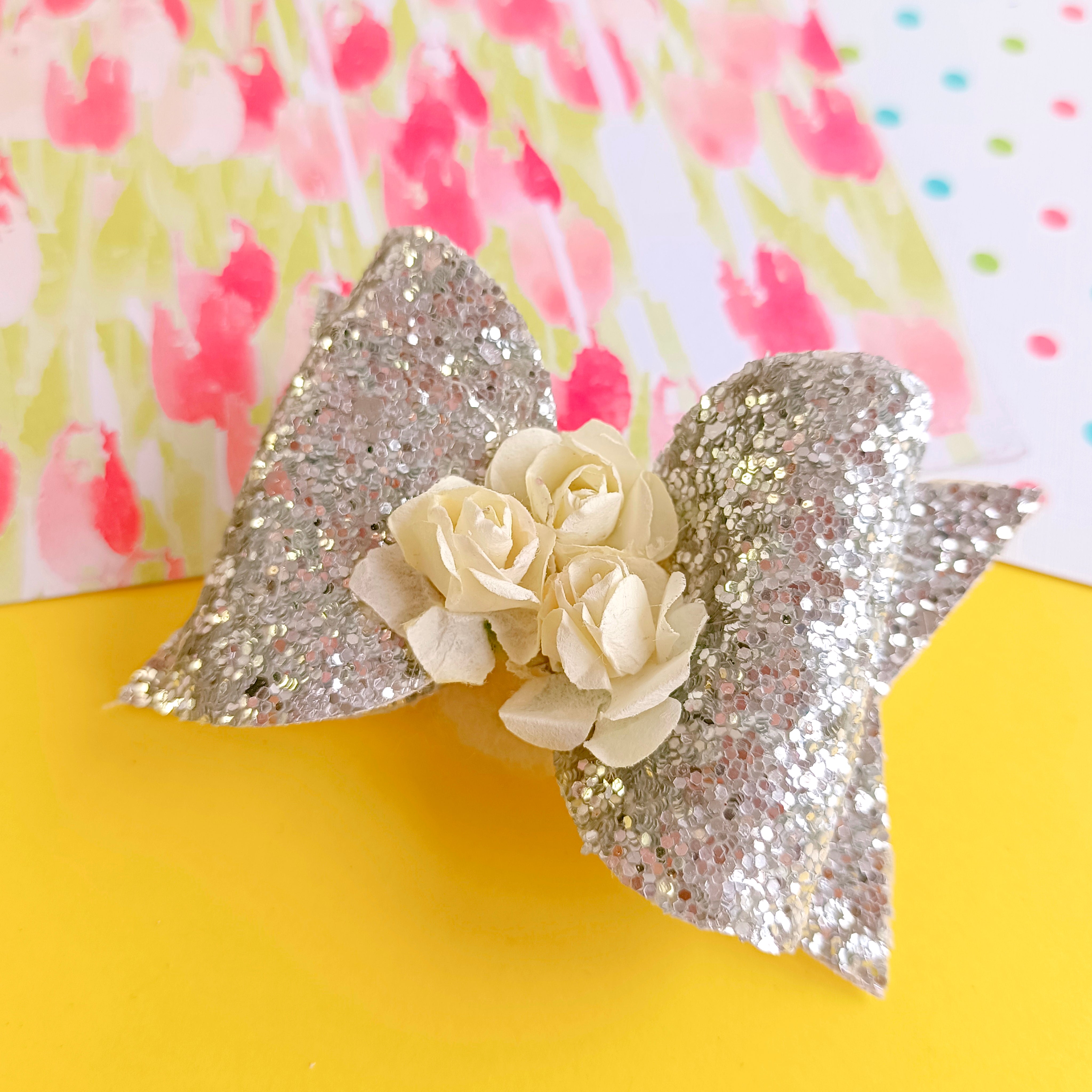 Glitter Bow with Flowers Alligator Clip - Silver