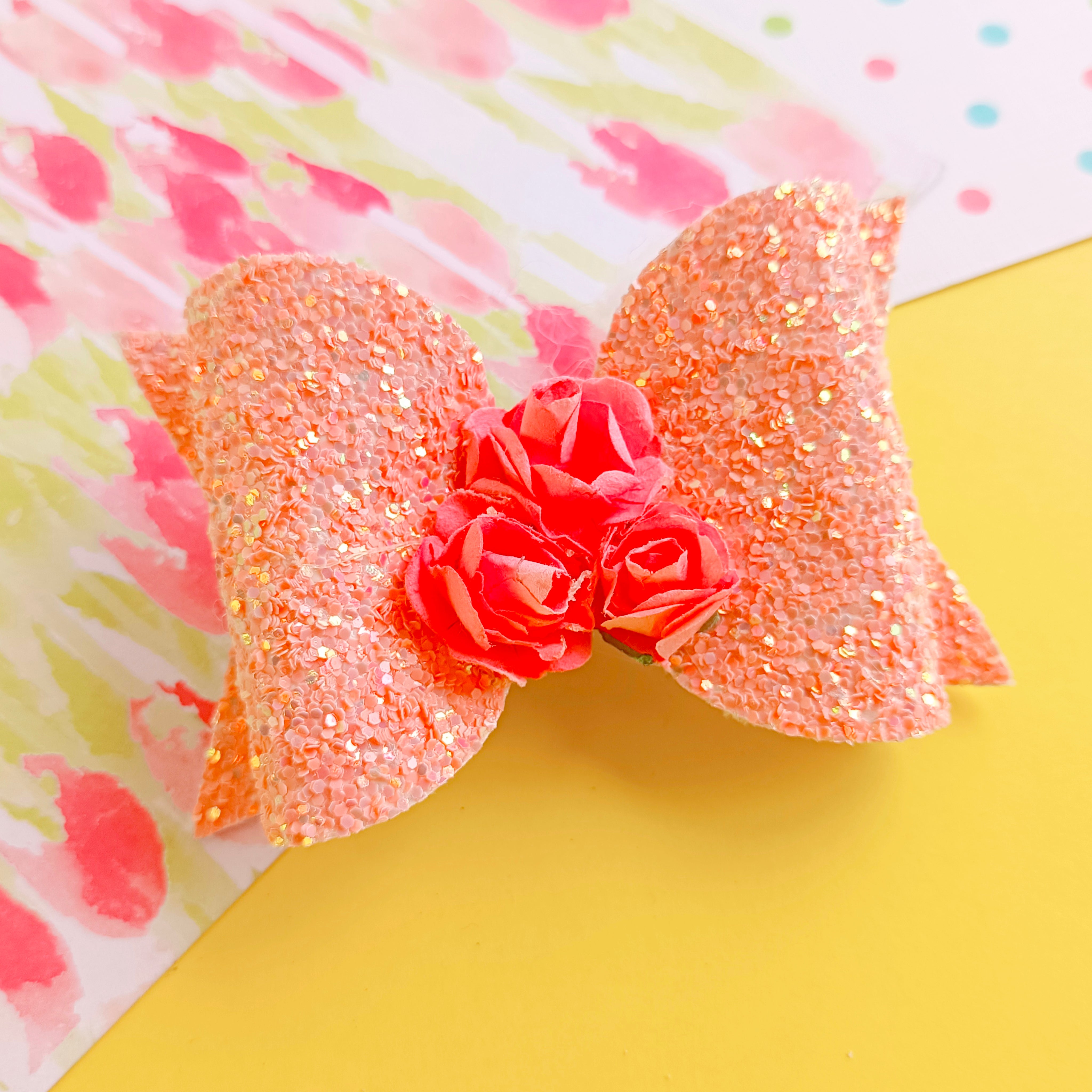 Glitter Bow with Flowers Alligator Clip - Peach