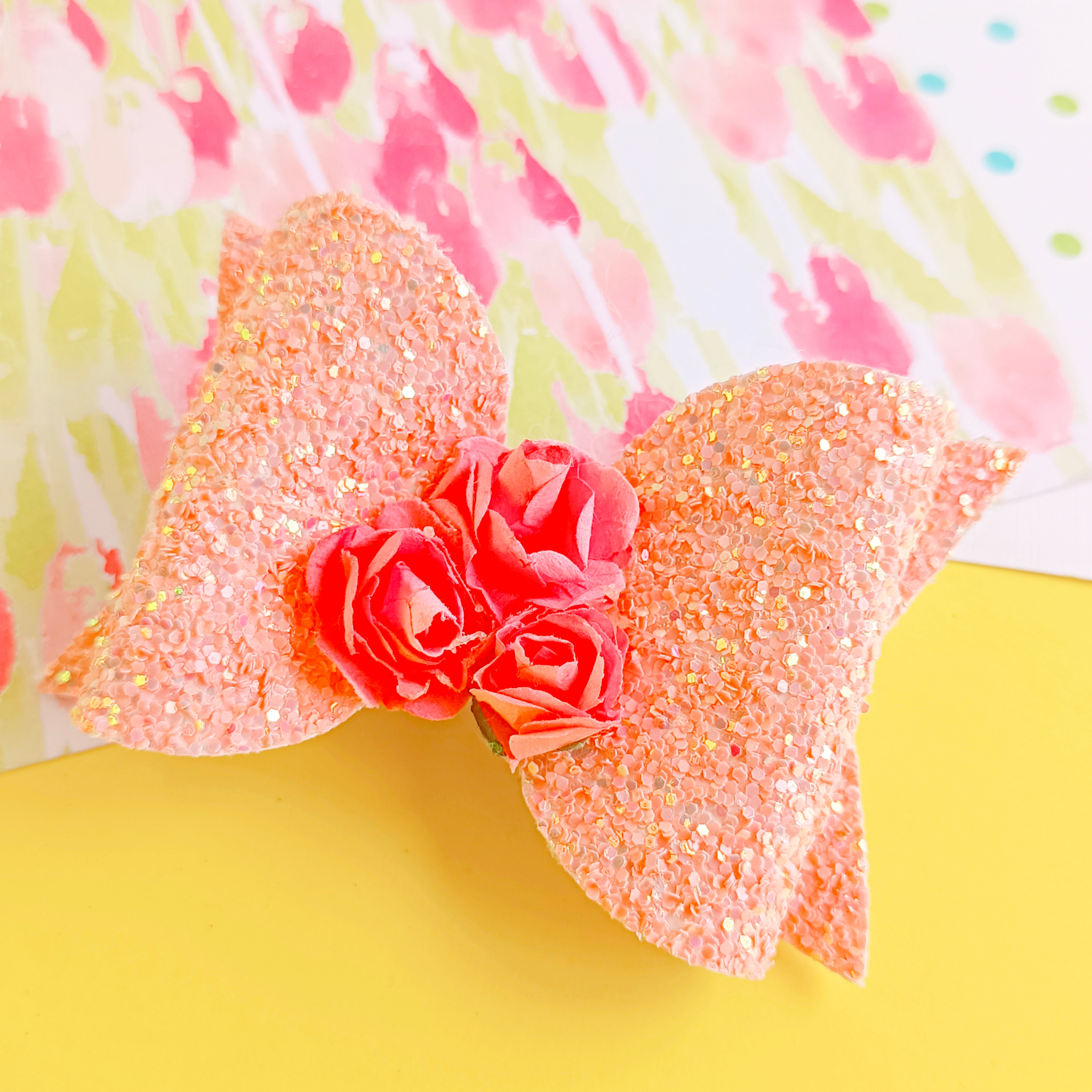Glitter Bow with Flowers Alligator Clip - Peach