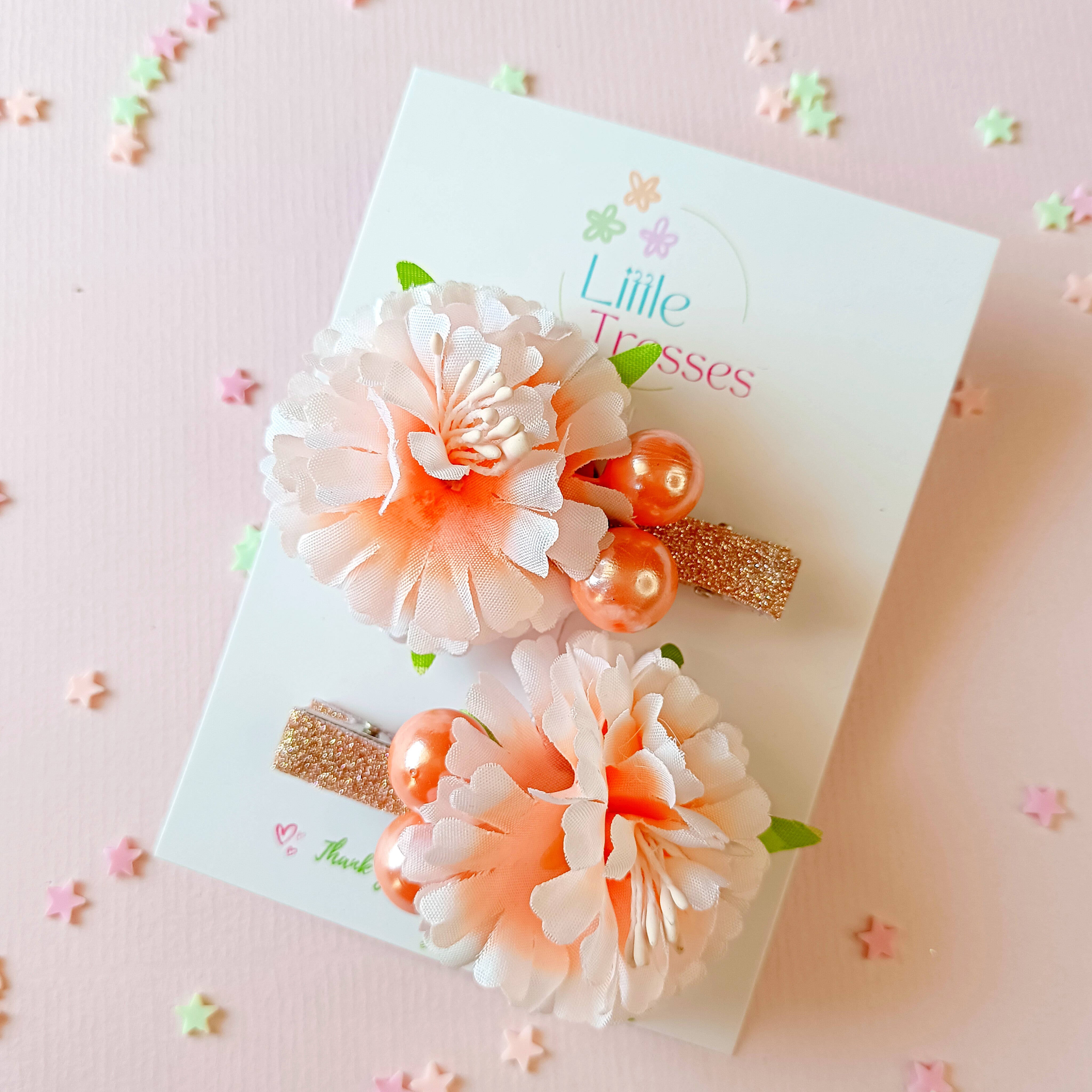 Designer Flower & Cherry Ball Alligator Clips Pair - Peach