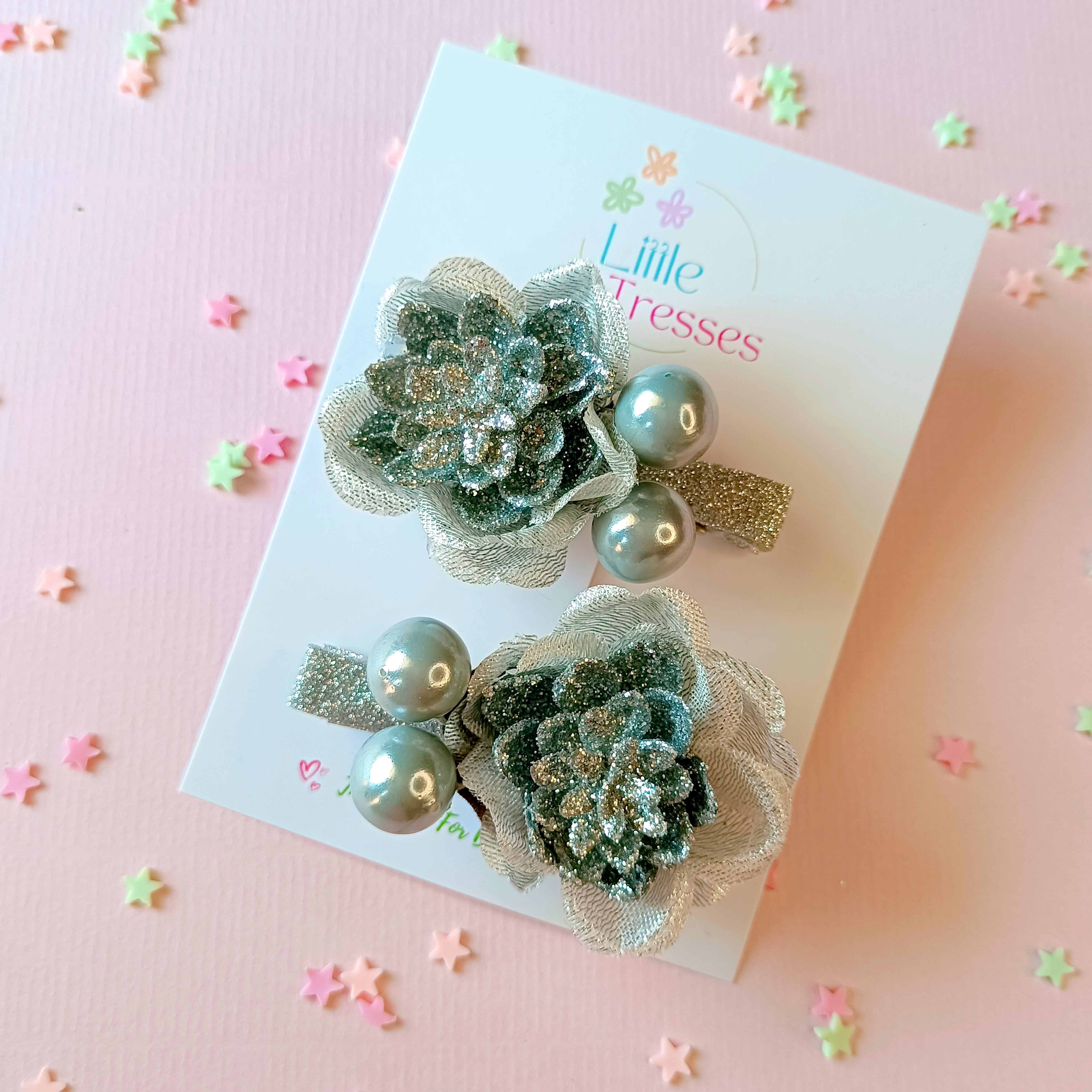 Flower & Cherry Ball Alligator Clips Pair - Silver/Grey