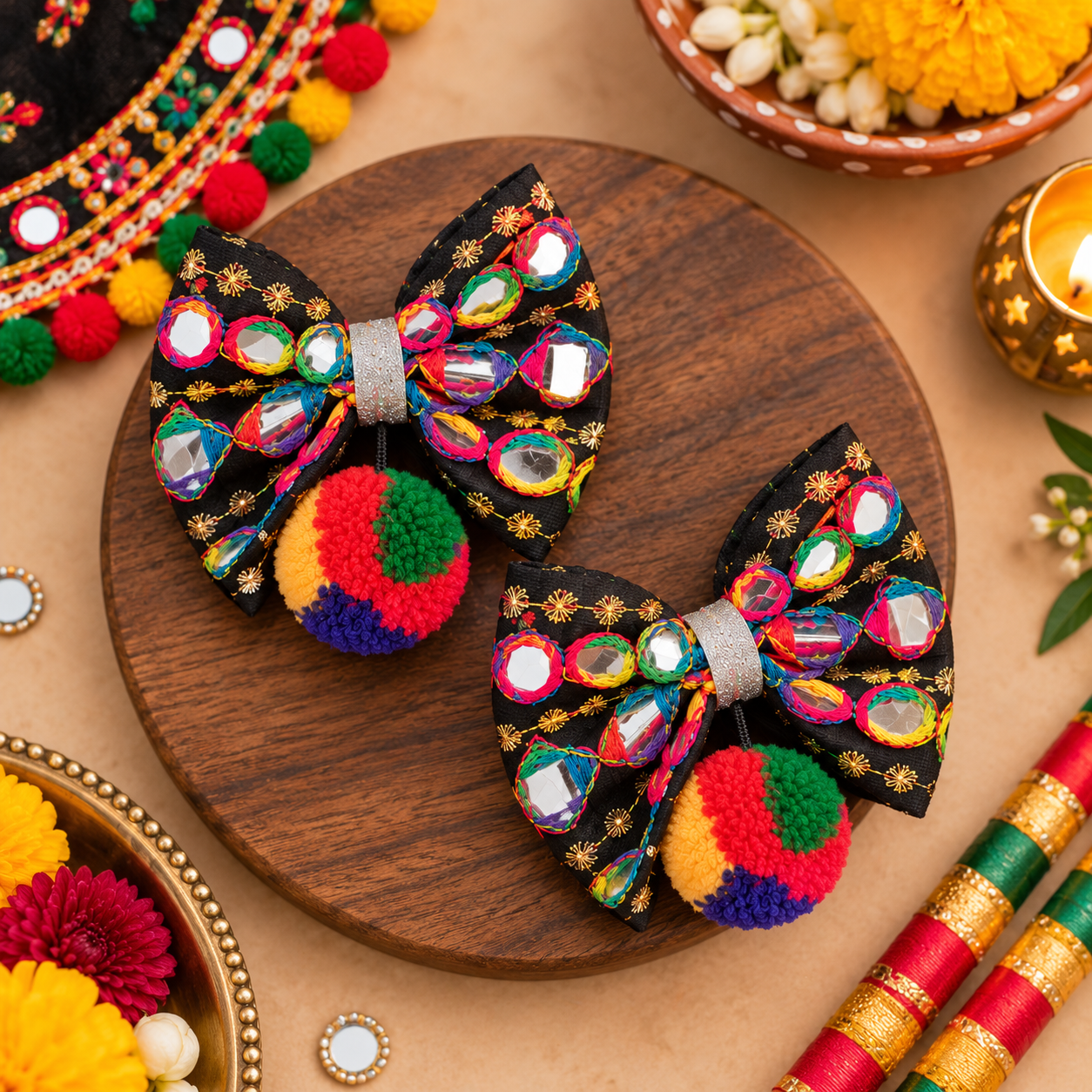 Navratri Bow with Dangling Pom-Pom Alligator Clip Pair