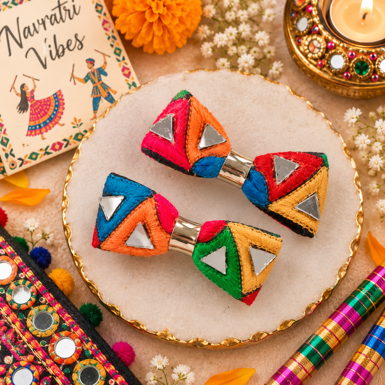 Navratri Multicolor Triangular Mirror Bow Alligator Clip Pair