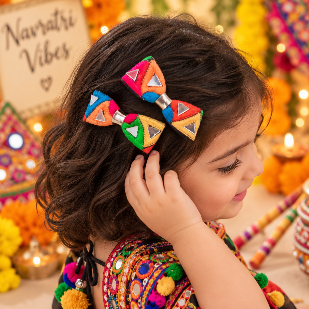 Navratri Multicolor Triangular Mirror Bow Alligator Clip Pair