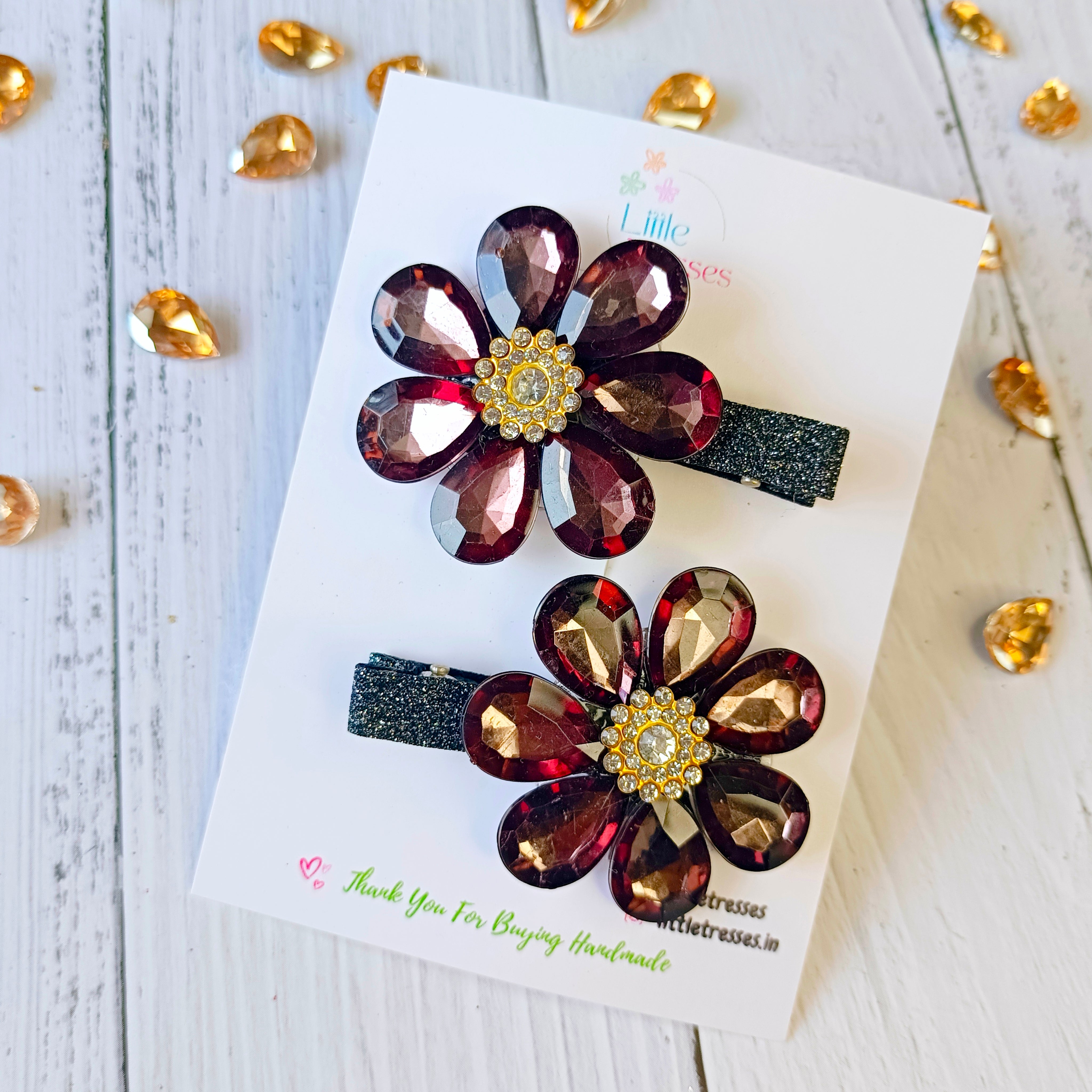 3 Colors Rhinestone Flower Alligator Clip Pair