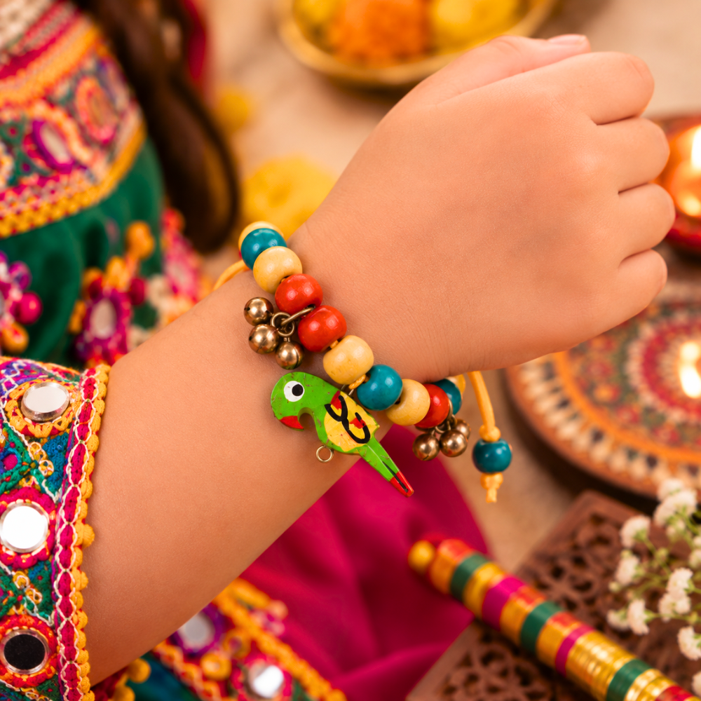 Navratri Parrot Adjustable Bracelet with Ghunghroo - Green