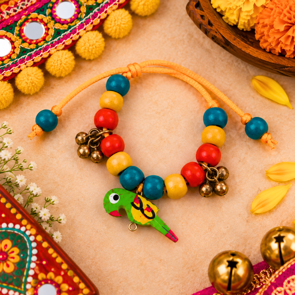 Navratri Parrot Adjustable Bracelet with Ghunghroo - Green