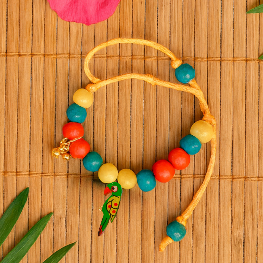 Boho Parrot Adjustable Bracelet with Ghungroo & Colorful Beads - Green