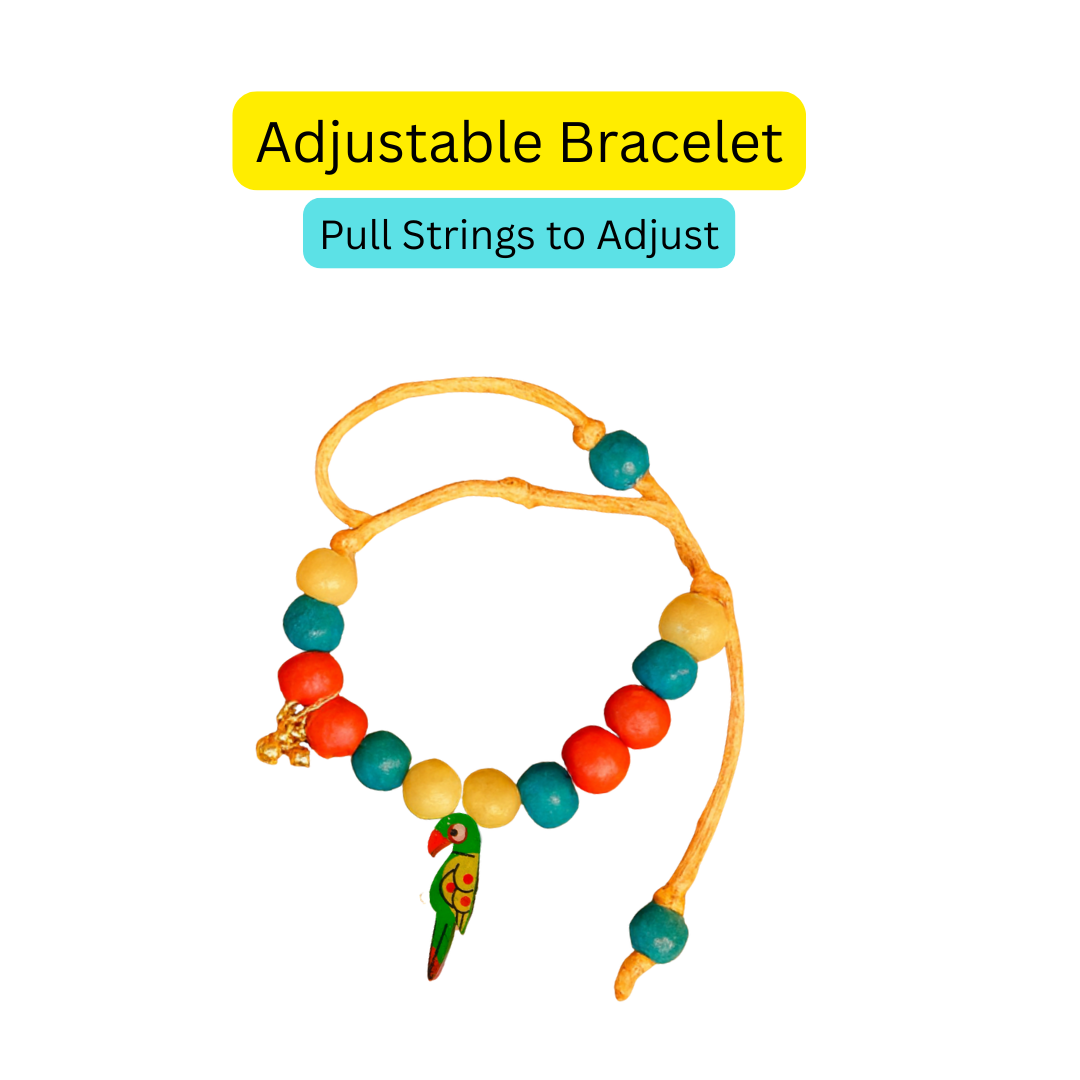Green Boho Parrot Adjustable Bracelet with Ghungroo & Colorful Beads