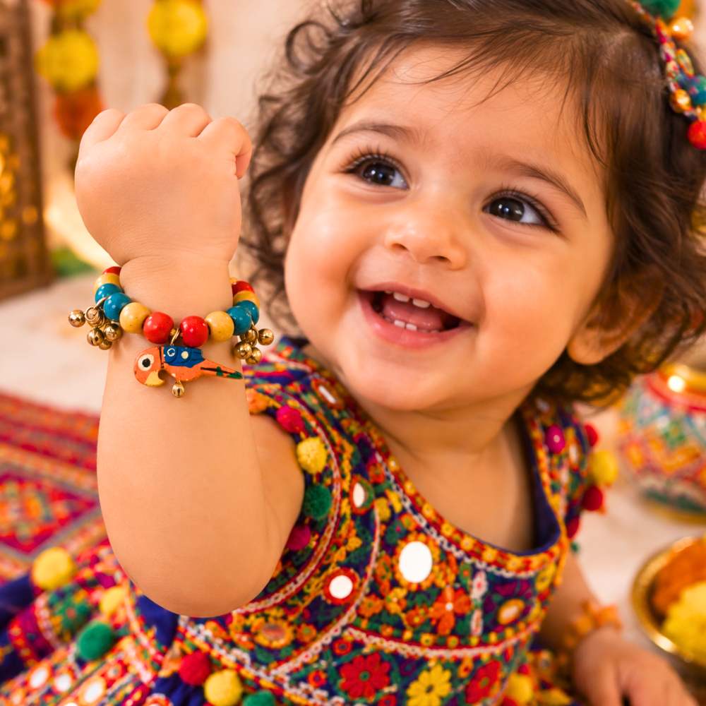 Navratri Parrot Adjustable Bracelet with Ghunghroo - Orange