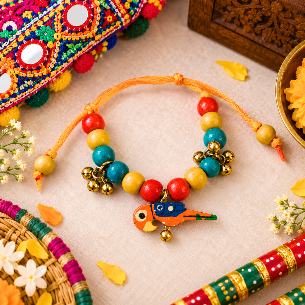 Navratri Parrot Adjustable Bracelet with Ghunghroo - Orange