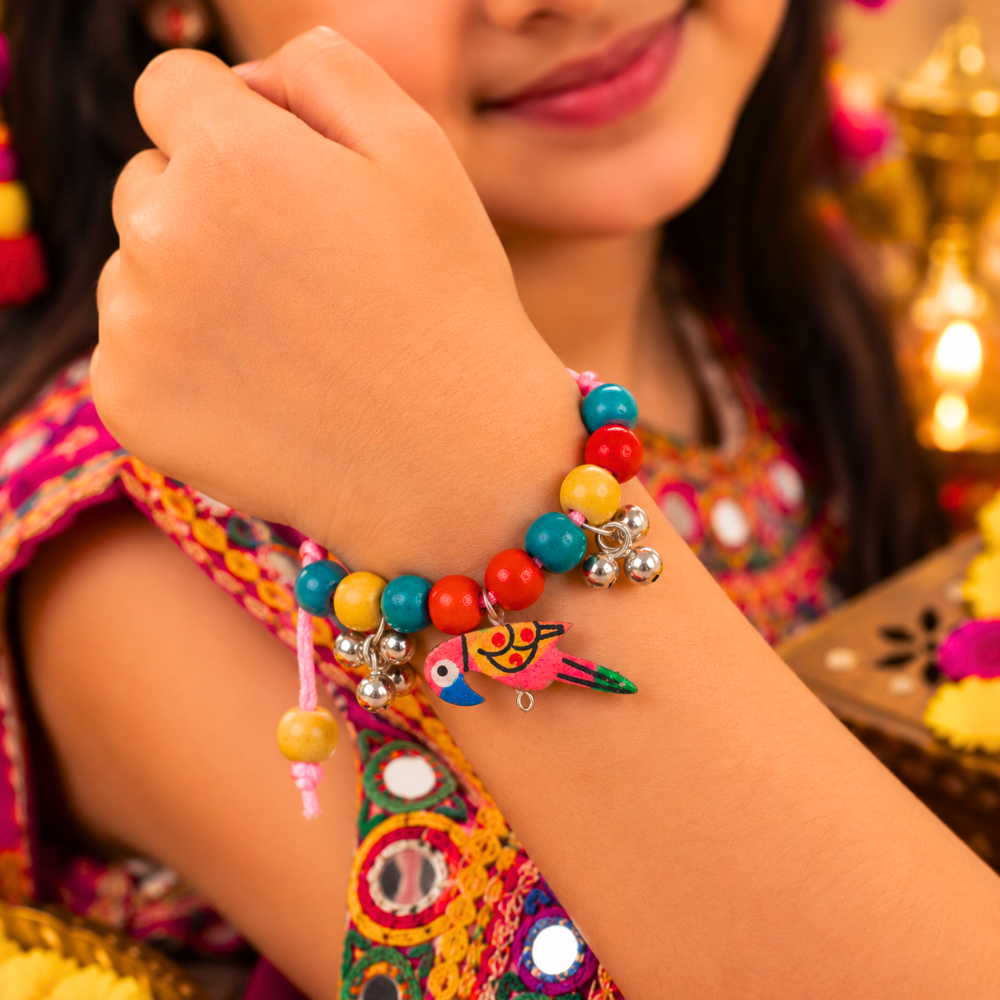 Navratri Parrot Adjustable Bracelet with Ghunghroo - Pink