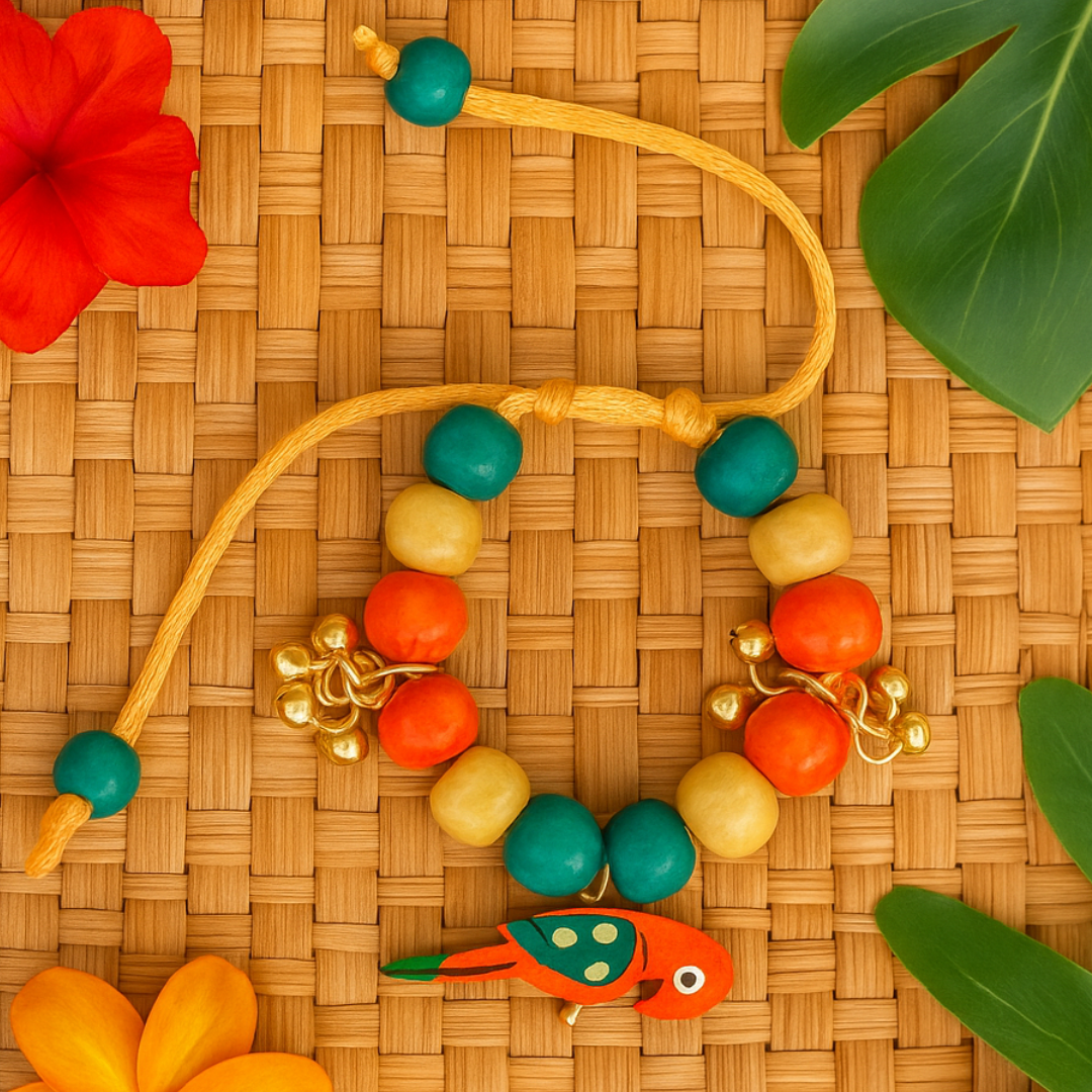 Boho Parrot Adjustable Bracelet with Ghungroo & Colorful Beads - Red