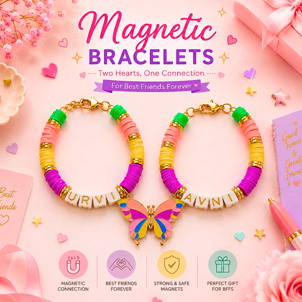 Personalized Magnetic Bracelet Pair – Butterfly Charm Design