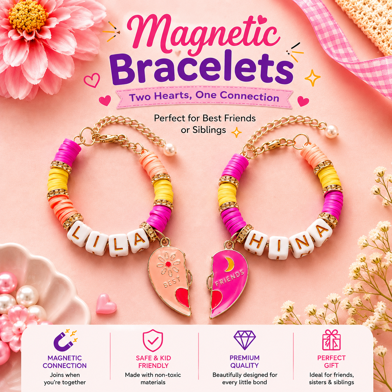 Personalized Magnetic Bracelet Pair – Heart Charm Design