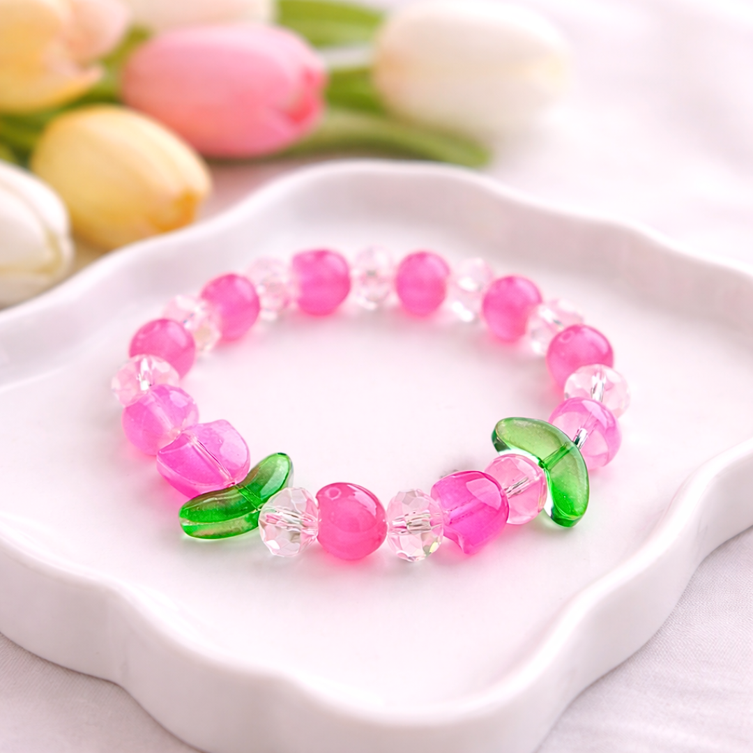 Pink Tulip Bracelet and Earrings Jewelry Gift Box