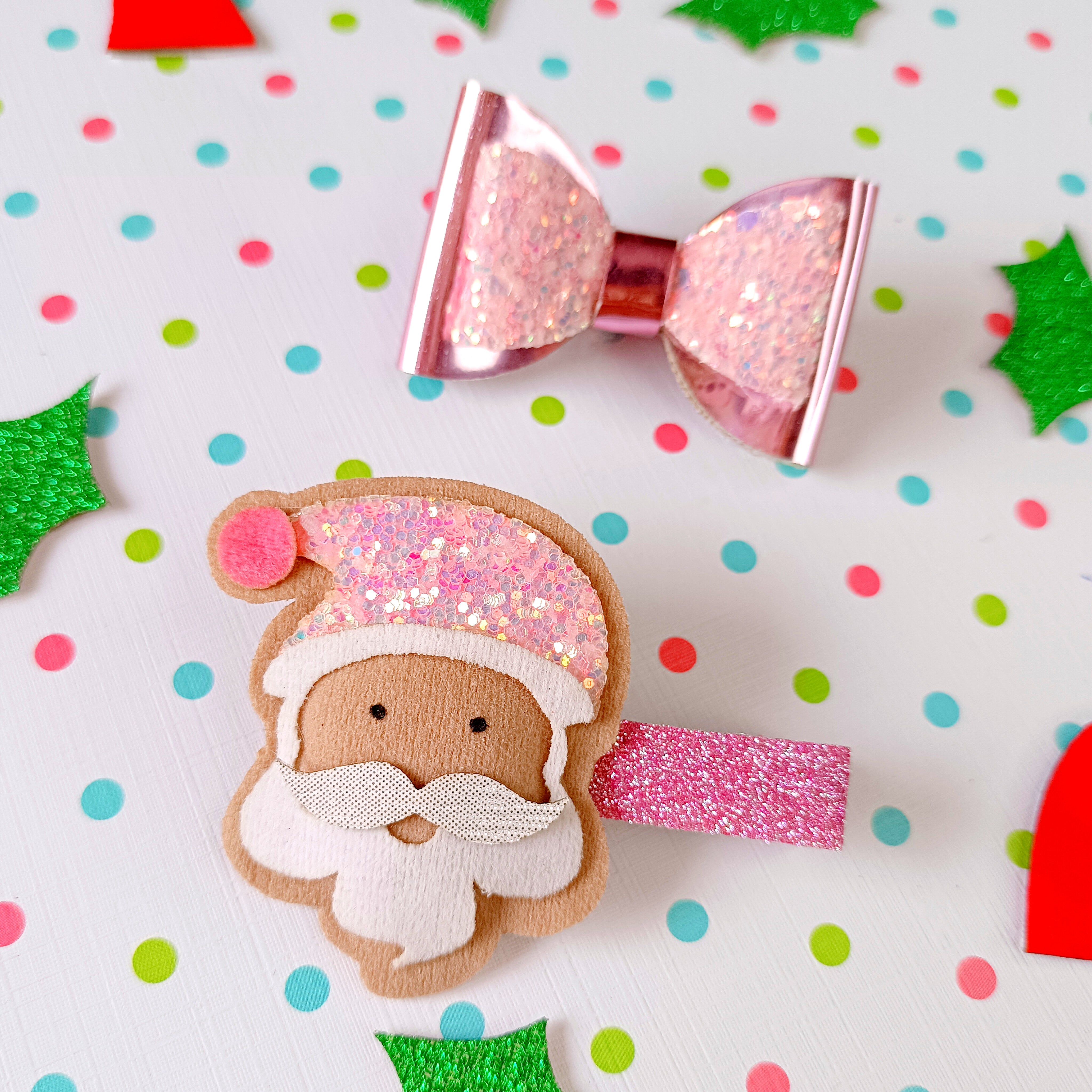 Combo of Santa and Bow Clip - Light Pink