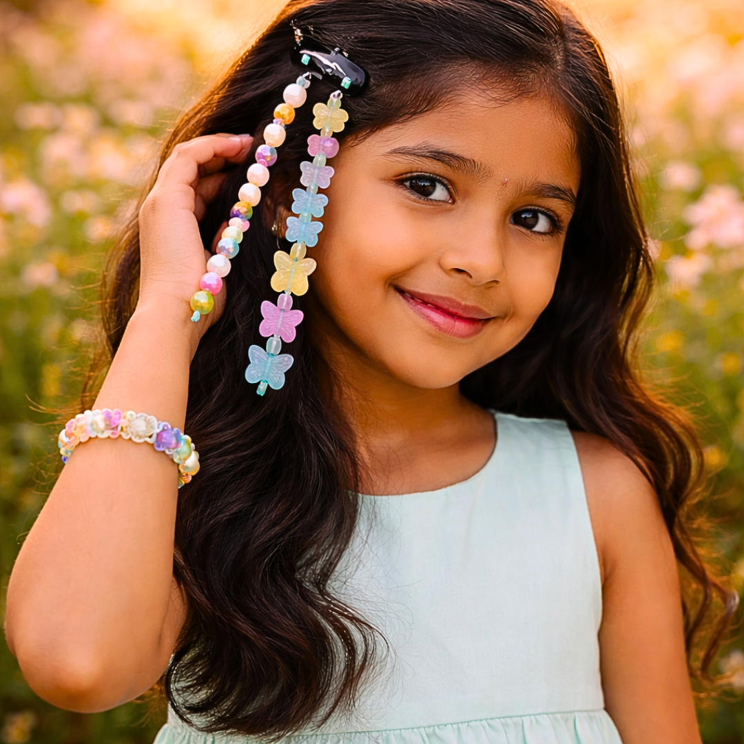 Multicolor Butterfly & Bead Snap Clip with Matching Bracelet Set
