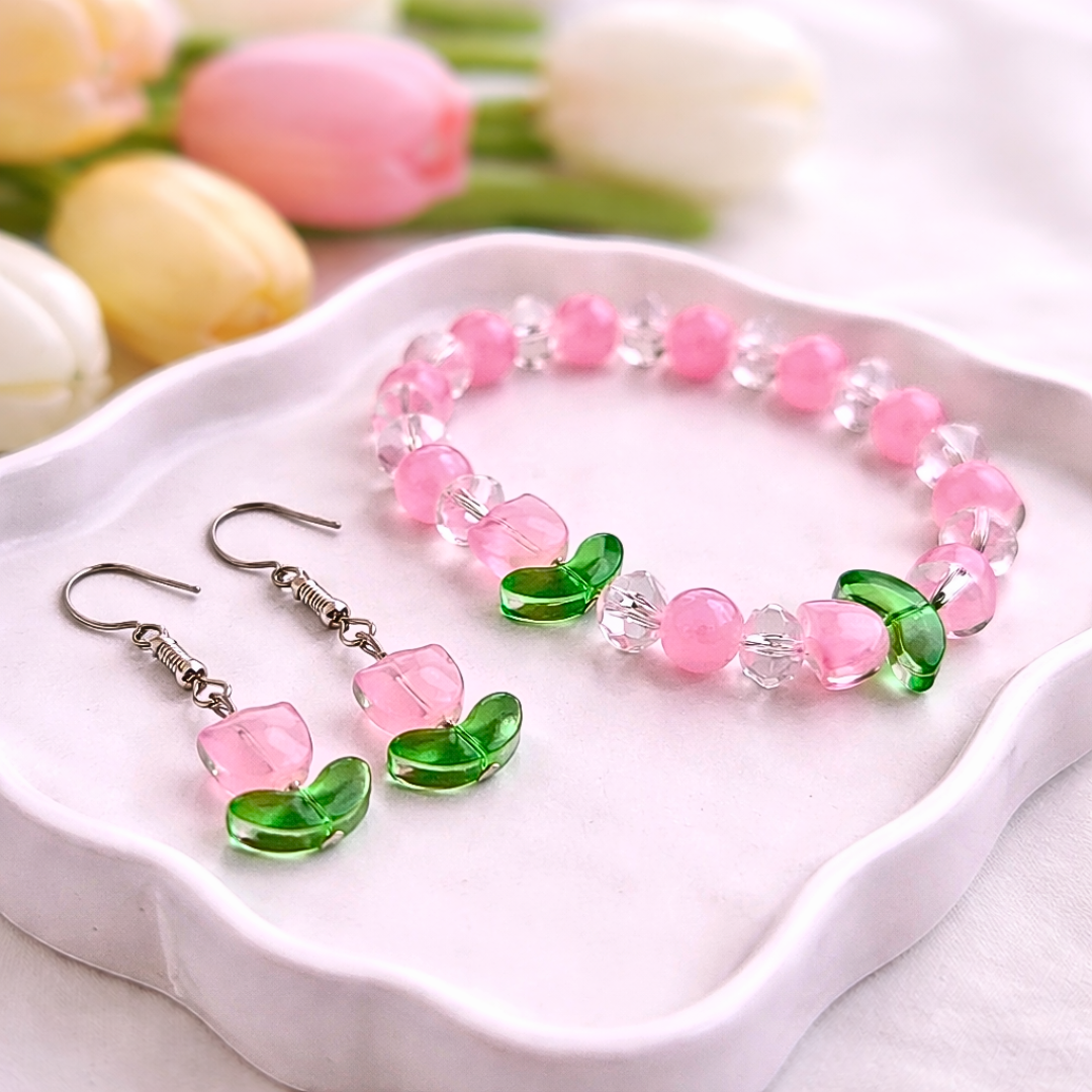 Baby Pink Tulip Bracelet and Earrings Jewelry Gift Box