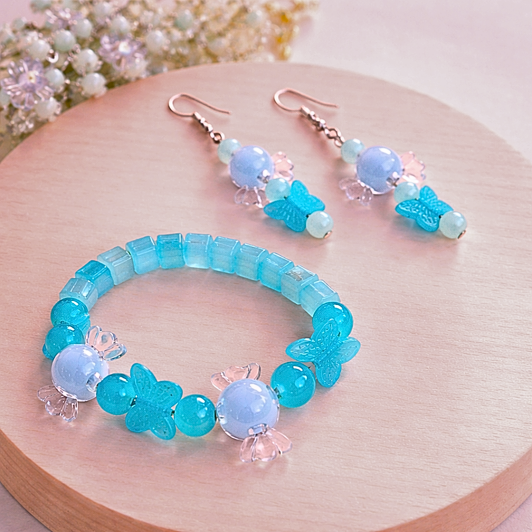 Blue Toffee Bracelet and Earrings Jewelry Gift Box
