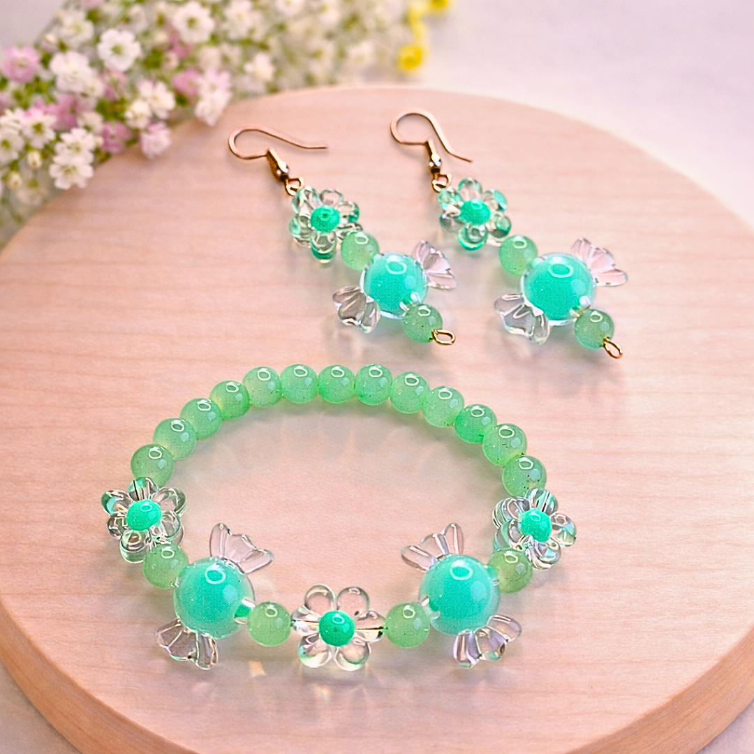 Mint Green Toffee Bracelet and Earrings Jewelry Gift Box