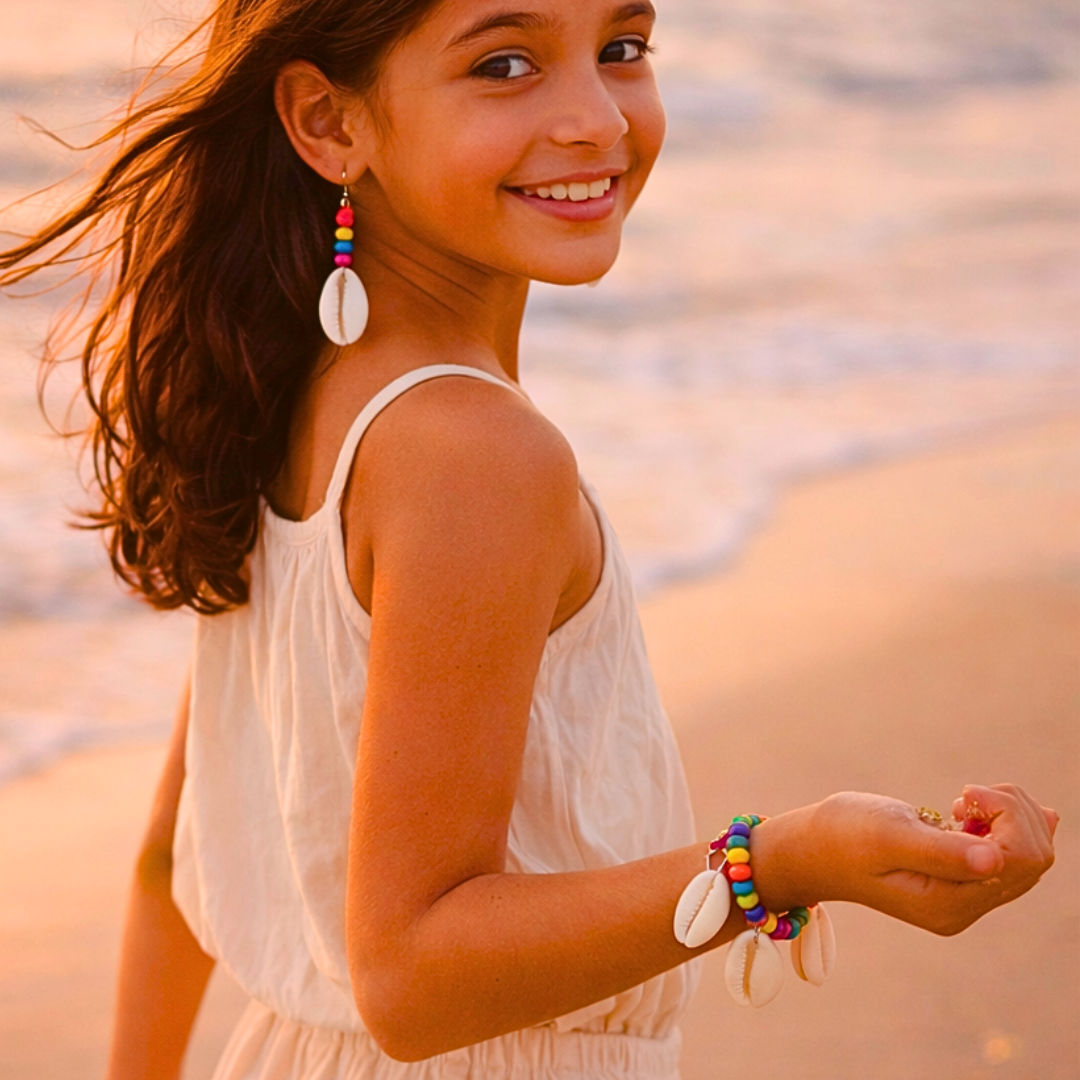 Multicolor Cowrie & Wooden Bead Bracelet with Matching Earrings Set