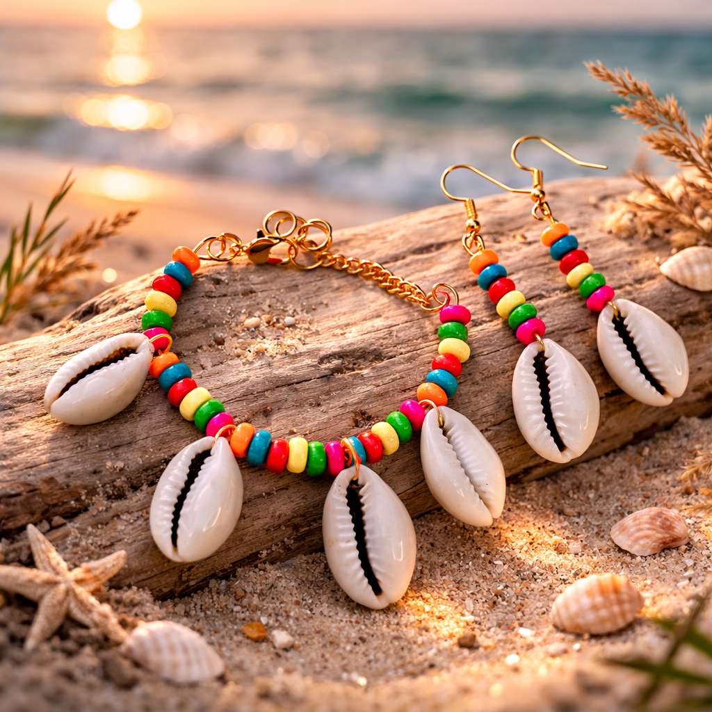 Multicolor Cowrie & Wooden Bead Bracelet with Matching Earrings Set