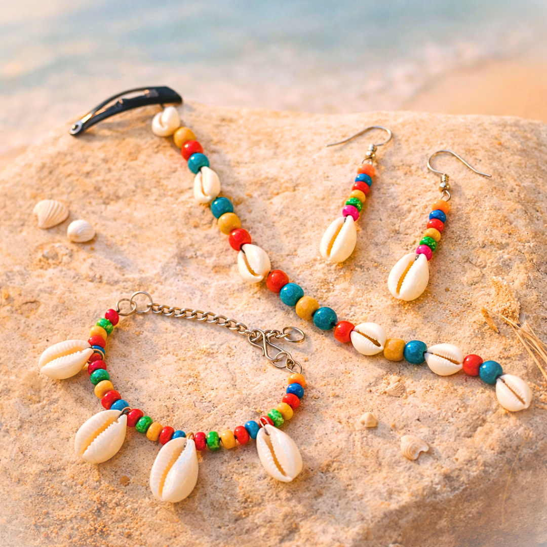Little Tresses Cowrie & Multicolor Bead Snap Clip, Bracelet & Earrings Set