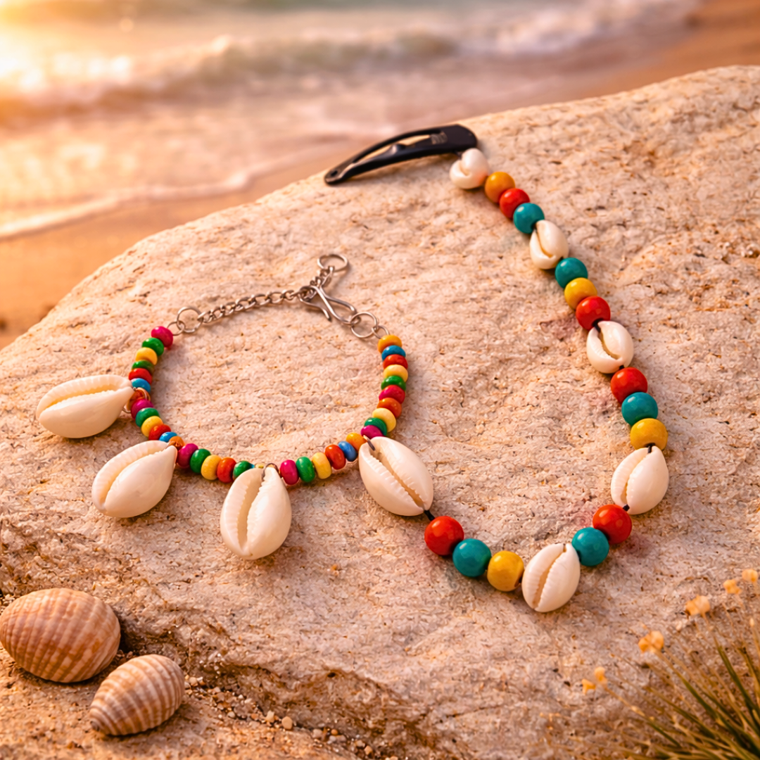 Cowrie Shell & Multicolor Wooden Bead Long String Snap Clip with Bracelet Set