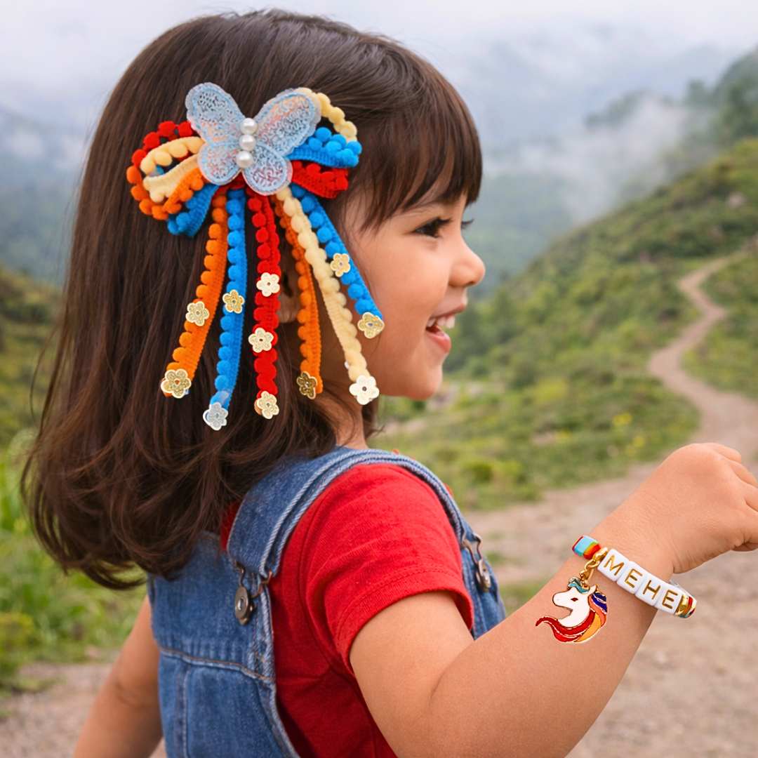 Pom Pom Lace Butterfly Hair Clip & Personalized Unicorn Face Bracelet Set