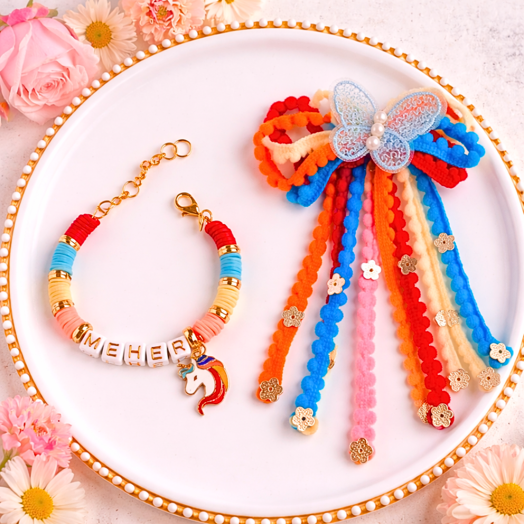 Pom Pom Lace Butterfly Hair Clip & Personalized Unicorn Face Bracelet Set